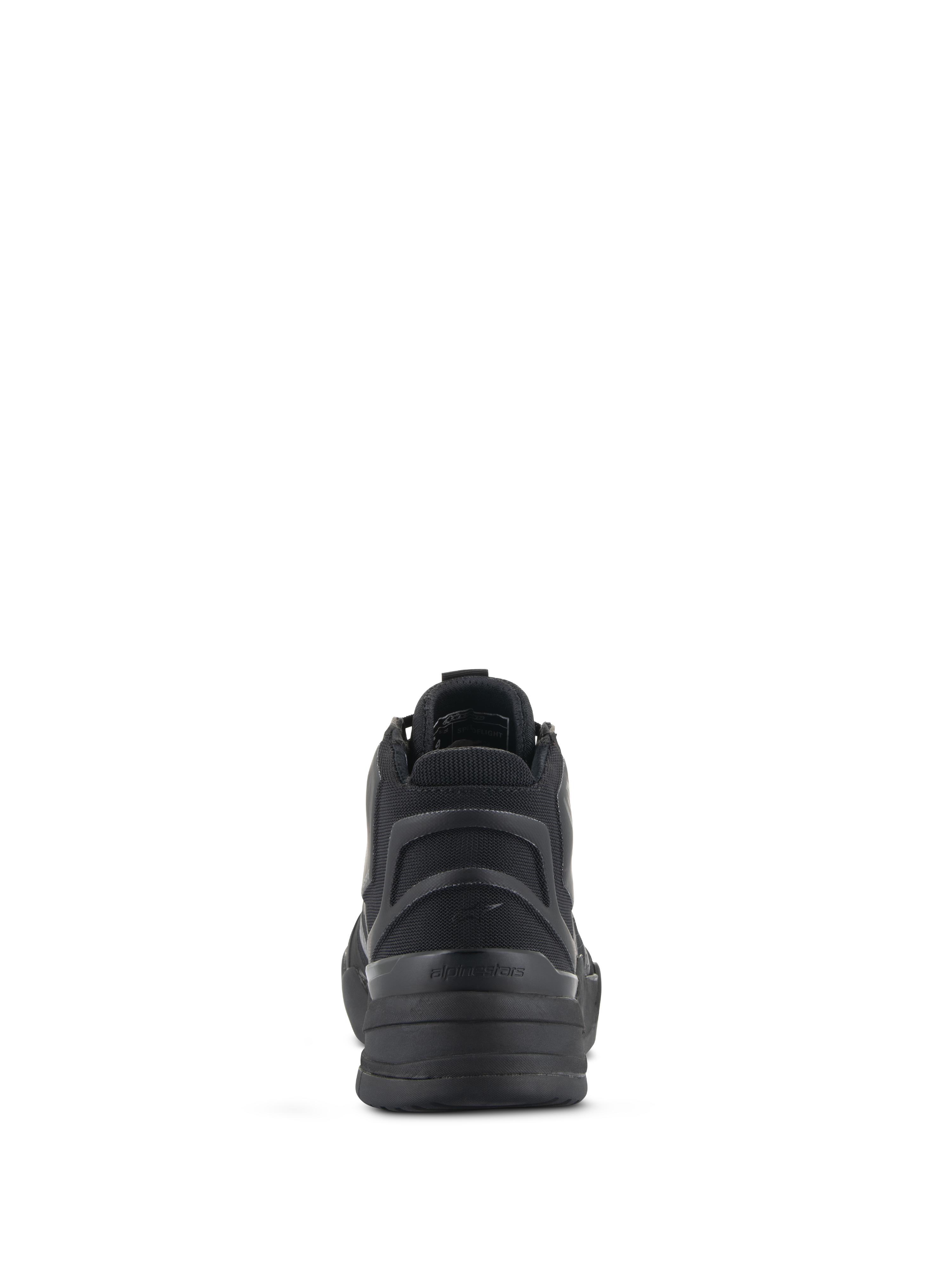 Chaussures de moto Alpinestars Speedflight, noires, vue arrière présentant le contrefort de talon asymétrique en TPU et la pièce de talon moulée semi-rigide, chaussures de style urbain sportif pour la moto