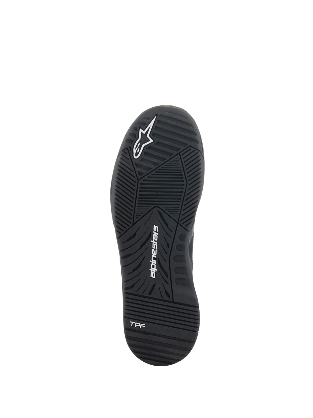 Chaussures Alpinestars Speedflight, chaussures de moto, noir, vue de dessous de la semelle en caoutchouc double densité, présentant le logo Alpinestars et le marquage TPF, motif de sculpture technique pour la performance urbaine