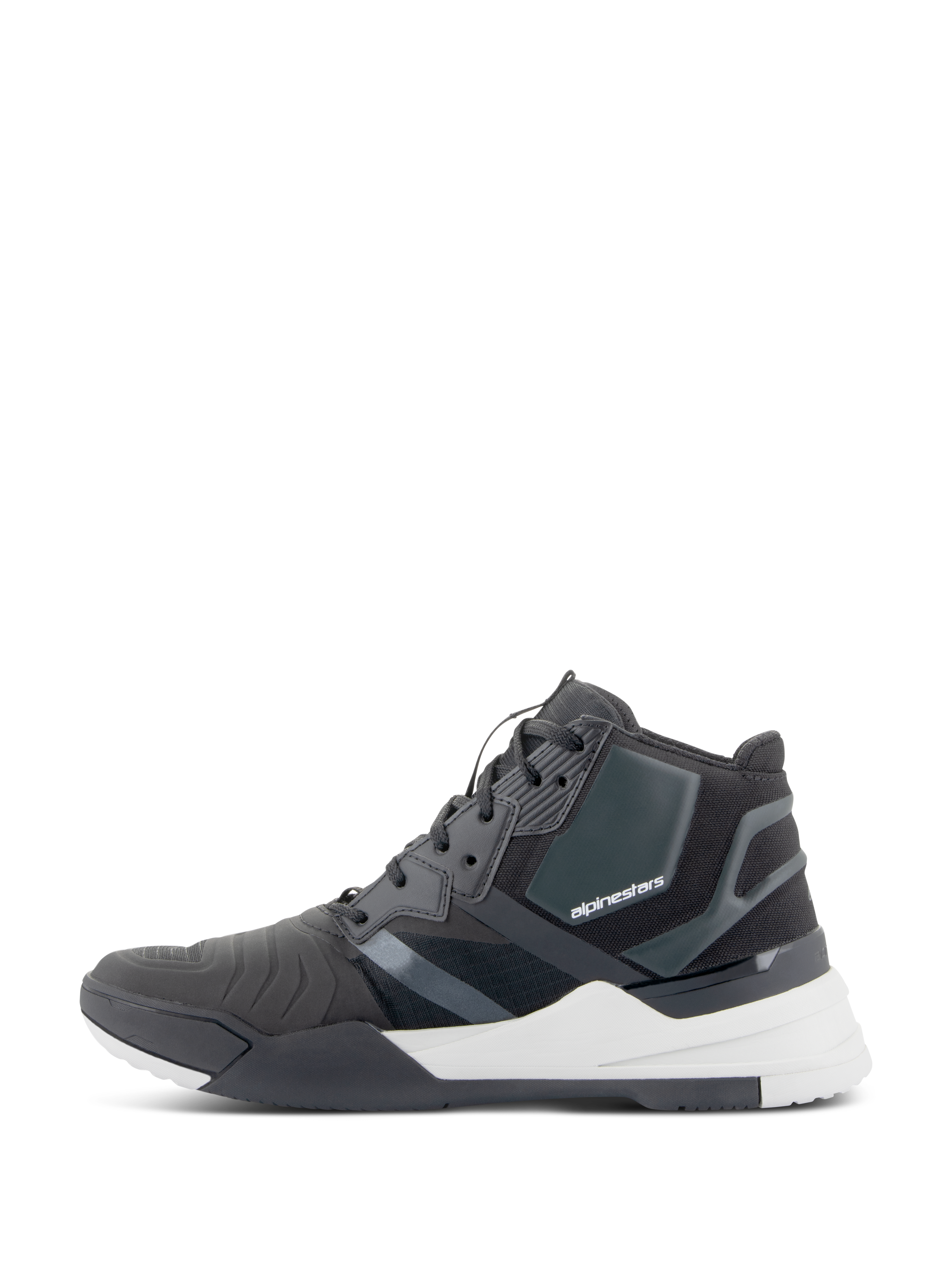 Alpinestars Speedflight Shoes, Performance Riding Shoes, Black and White, side profile view featuring a ripstop upper with seamless reinforcement panels, Alpinestars branding on the side, and a thick white midsole, urban technical motorcycle footwear