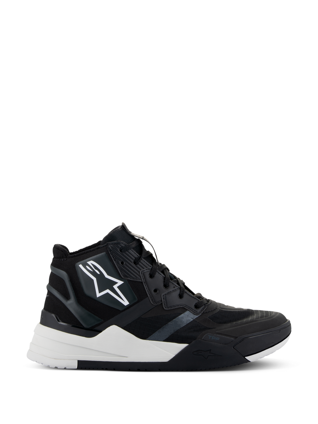 Alpinestars Speedflight Shoes, high-top motorcycle riding shoes, Black and White, featuring a ripstop upper with seamless reinforcements, white star logo on the side, dual-density sole with thick white midsole and black accents, modern sneaker-inspired design for urban motorcycling