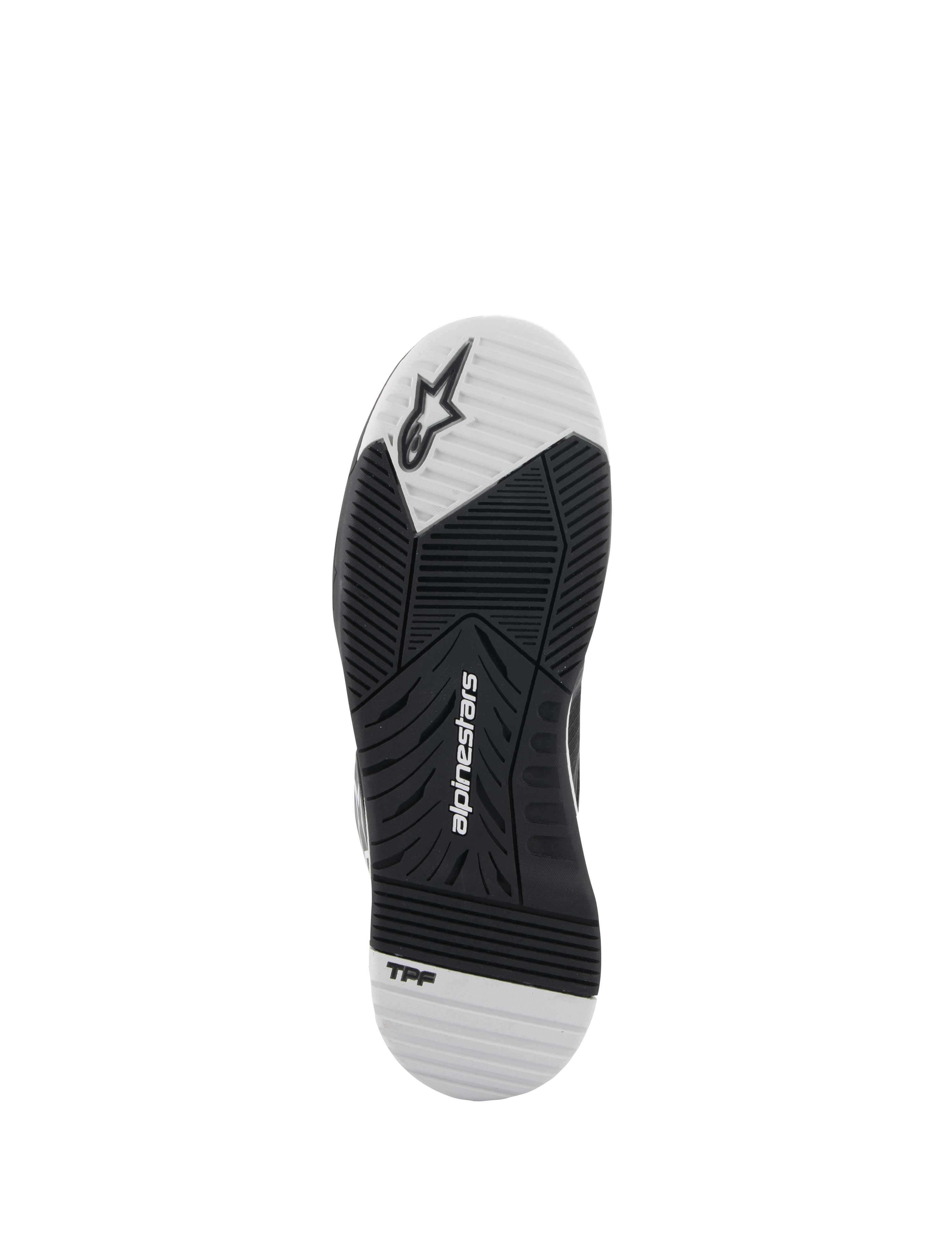 Alpinestars Speedflight Shoes, Black and White, outsole view showing the dual-density rubber sole, features Alpinestars logo and TPF branding, asymmetric tread pattern for motorcycle riding grip and stability