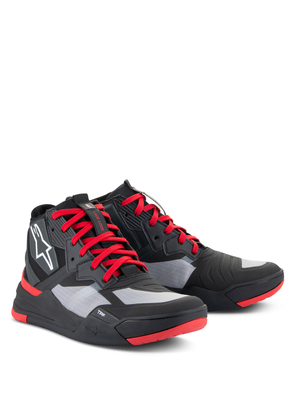 Chaussures Alpinestars Speedflight, chaussures de moto haute performance, noir, rouge vif et blanc, avec une tige en ripstop et des panneaux gris, des lacets rouges et des accents sur la semelle, logo Astars blanc sur le côté, design de basket de moto au style sportif