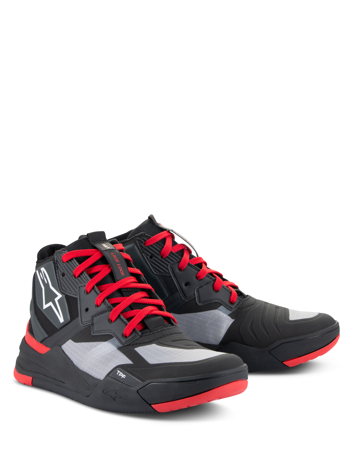 Chaussures Alpinestars Speedflight, chaussures de moto haute performance, noir, rouge vif et blanc, avec une tige en ripstop et des panneaux gris, des lacets rouges et des accents sur la semelle, logo Astars blanc sur le côté, design de basket de moto au style sportif