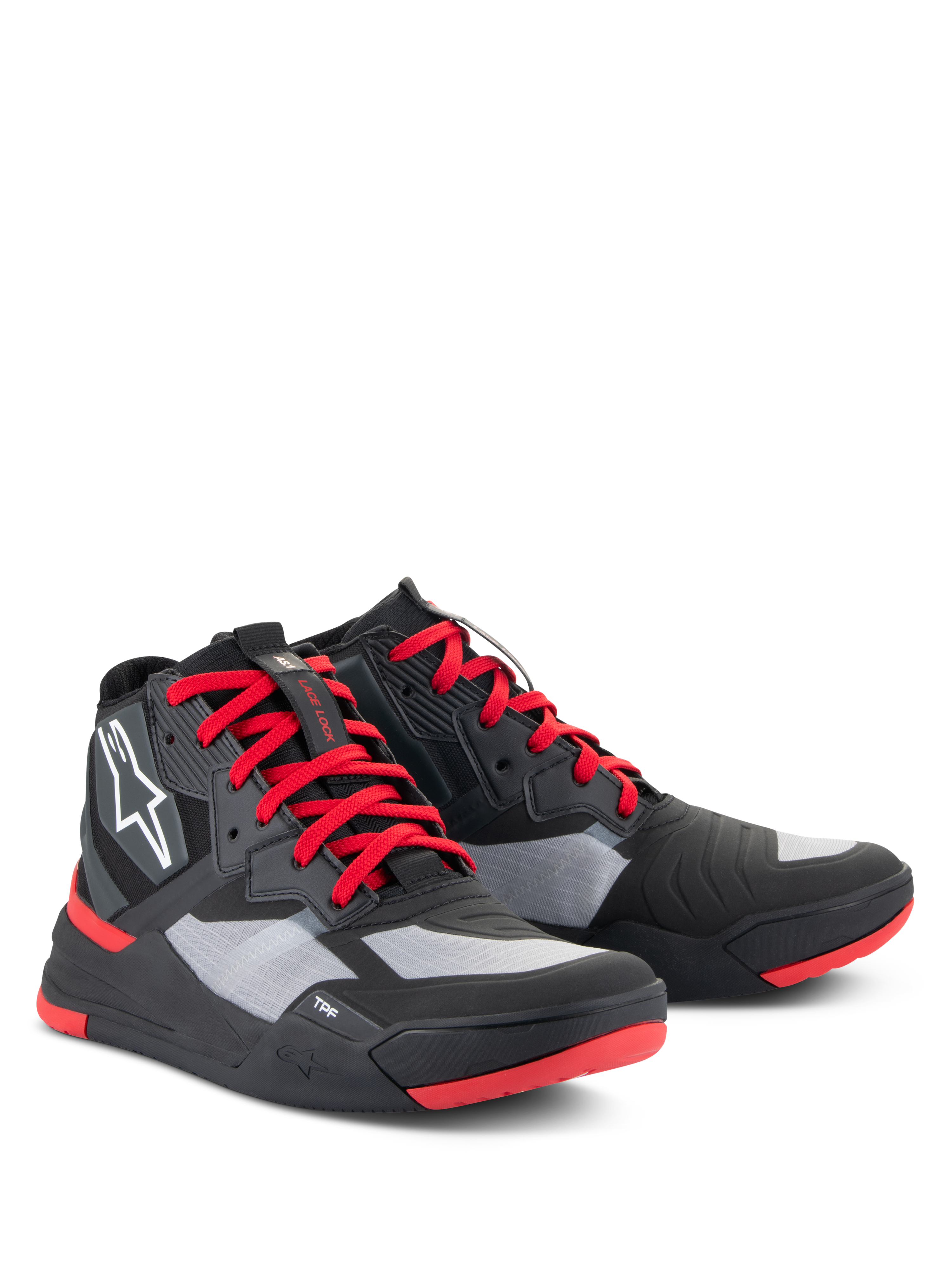 Chaussures Alpinestars Speedflight, chaussures de moto haute performance, noir, rouge vif et blanc, avec une tige en ripstop et des panneaux gris, des lacets rouges et des accents sur la semelle, logo Astars blanc sur le côté, design de basket de moto au style sportif