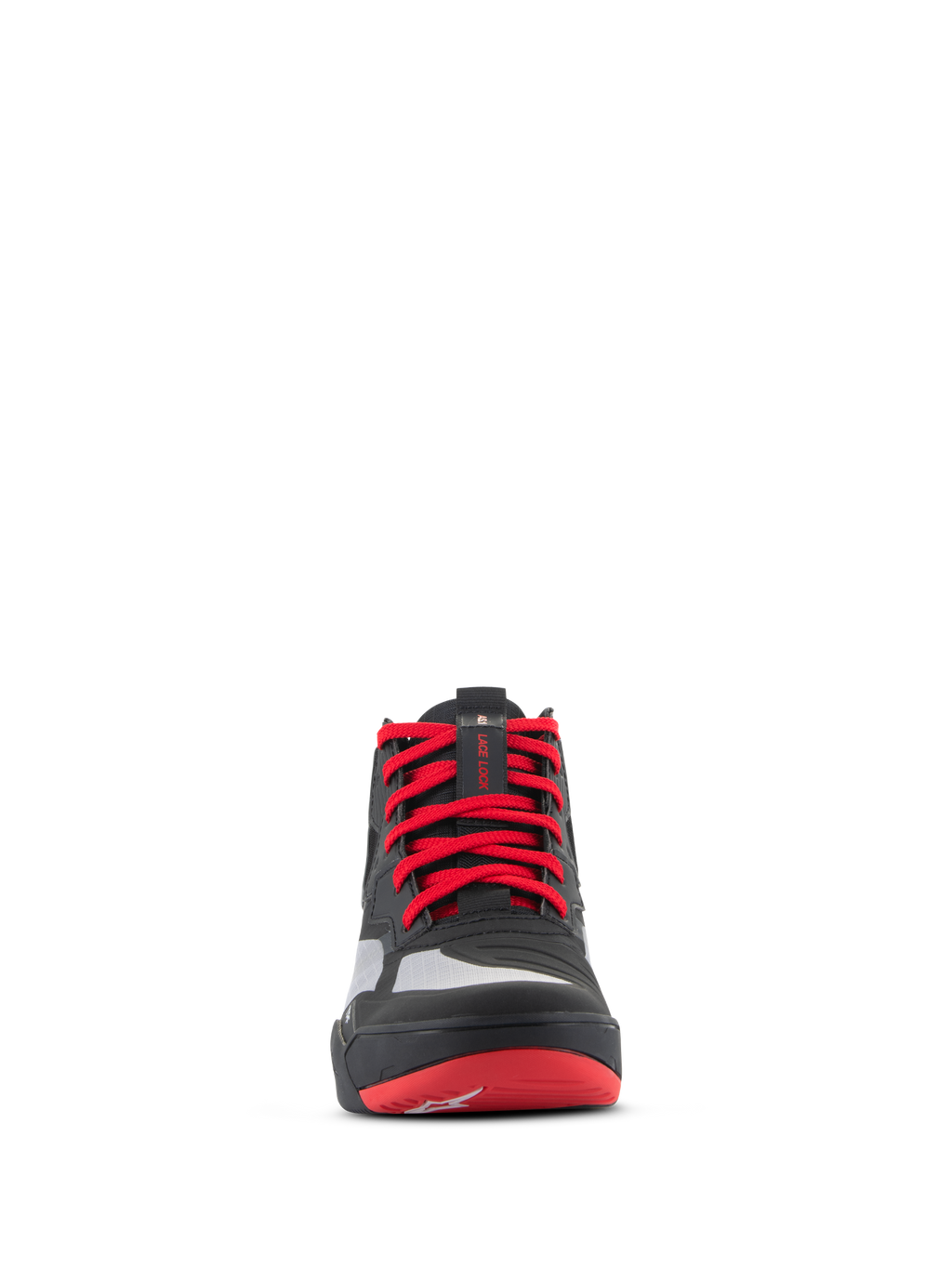 Chaussures Alpinestars Speedflight, chaussures de moto de performance, noir, rouge vif et blanc, vue de face présentant des lacets rouge vif, une sangle de maintien des lacets sur la languette et des panneaux de renfort sans couture pour la conduite moto urbaine.