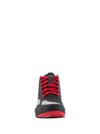 Chaussures Alpinestars Speedflight, chaussures de moto de performance, noir, rouge vif et blanc, vue de face présentant des lacets rouge vif, une sangle de maintien des lacets sur la languette et des panneaux de renfort sans couture pour la conduite moto urbaine.