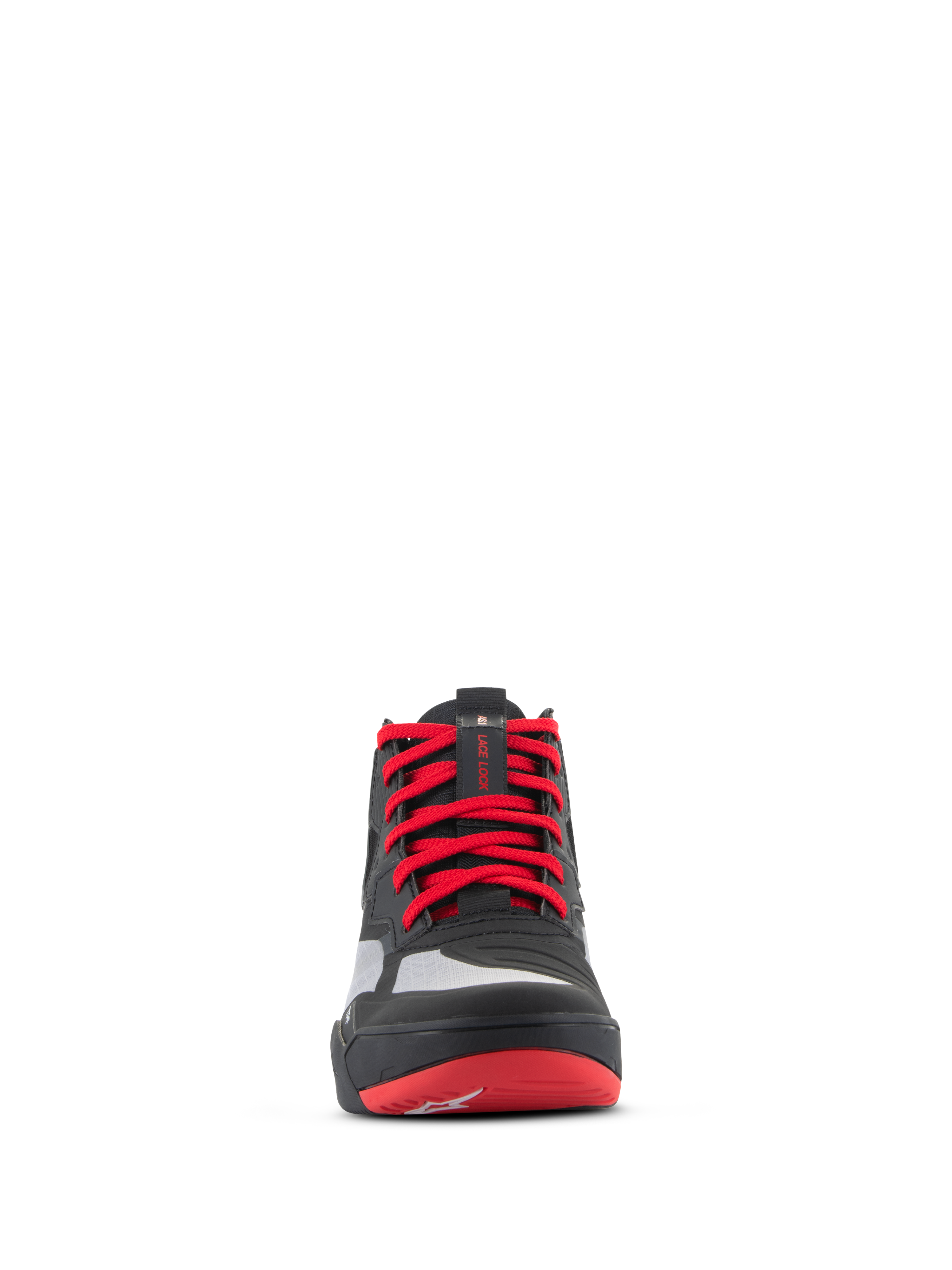 Chaussures Alpinestars Speedflight, chaussures de moto de performance, noir, rouge vif et blanc, vue de face présentant des lacets rouge vif, une sangle de maintien des lacets sur la languette et des panneaux de renfort sans couture pour la conduite moto urbaine.