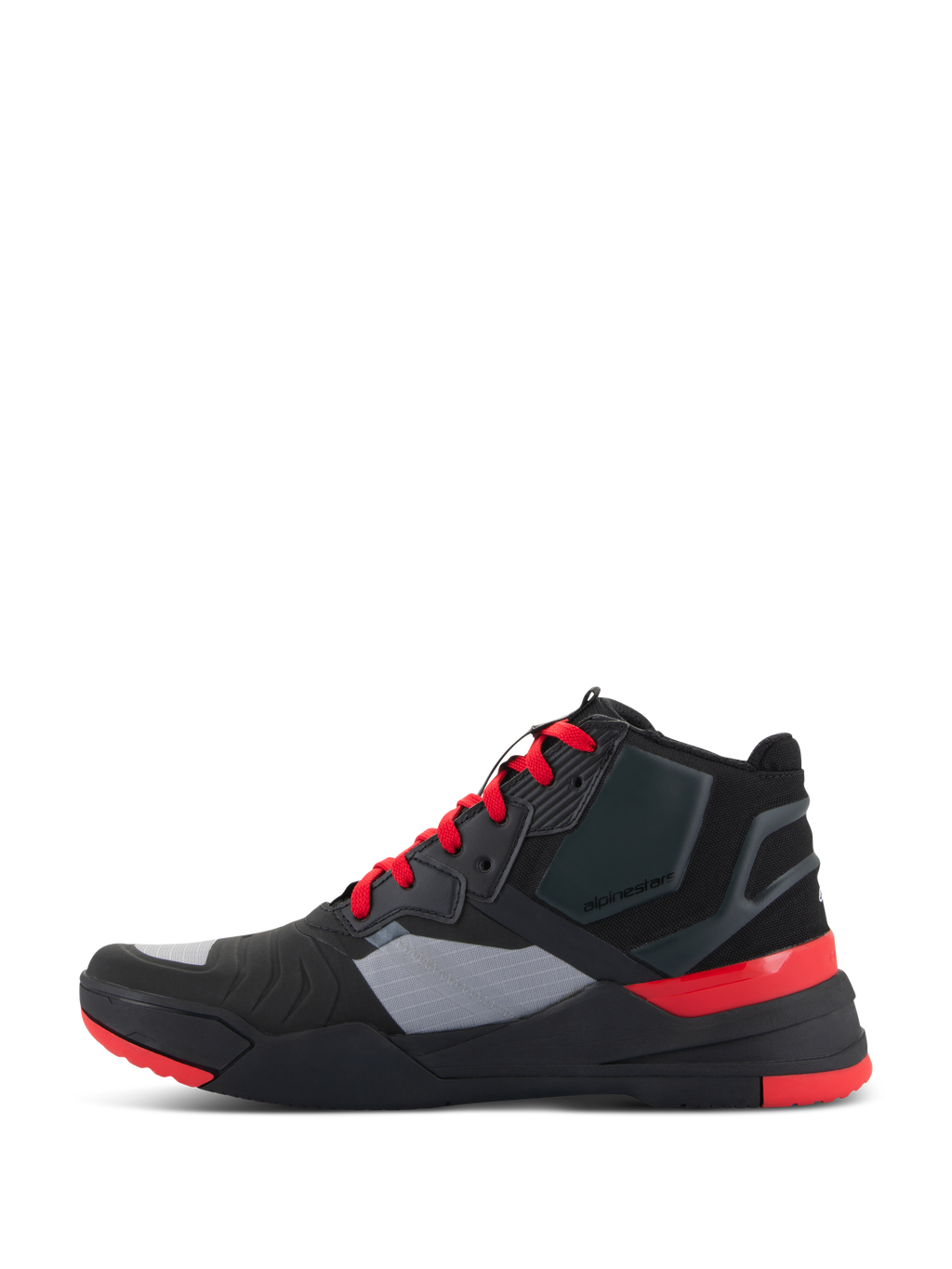 Chaussures Alpinestars Speedflight, chaussures de moto performance, noir avec touches de rouge vif et de gris, vue de profil, dotées d'une tige en textile ripstop, de lacets rouge vif et d'un contrefort de talon protecteur, style baskets sportives pour les trajets urbains