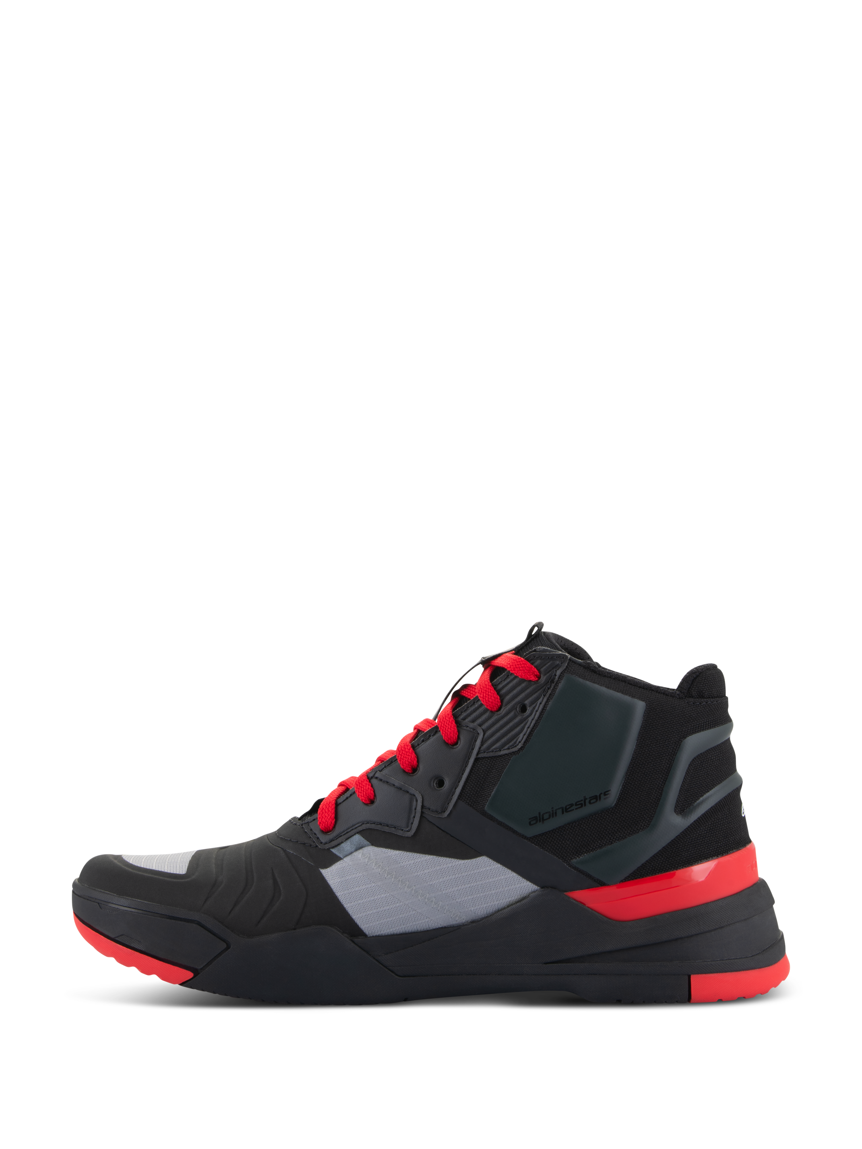 Chaussures Alpinestars Speedflight, chaussures de moto performance, noir avec touches de rouge vif et de gris, vue de profil, dotées d'une tige en textile ripstop, de lacets rouge vif et d'un contrefort de talon protecteur, style baskets sportives pour les trajets urbains