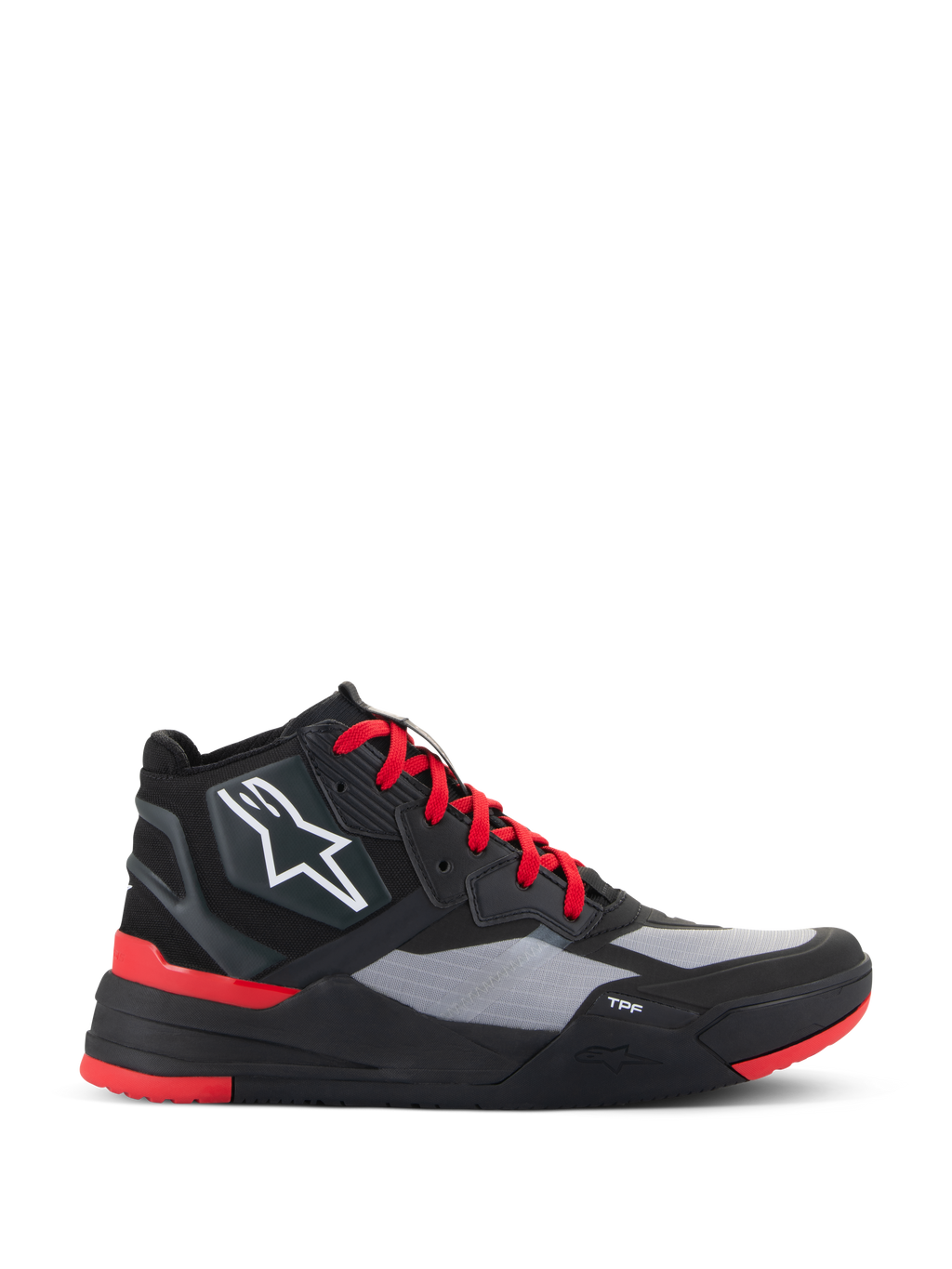 Chaussures Speedflight Alpinestars, baskets de moto montantes, noir et rouge vif avec empiècements gris, logo étoilé blanc, lacets rouges et design urbain sportif avec semelle intermédiaire TPF
