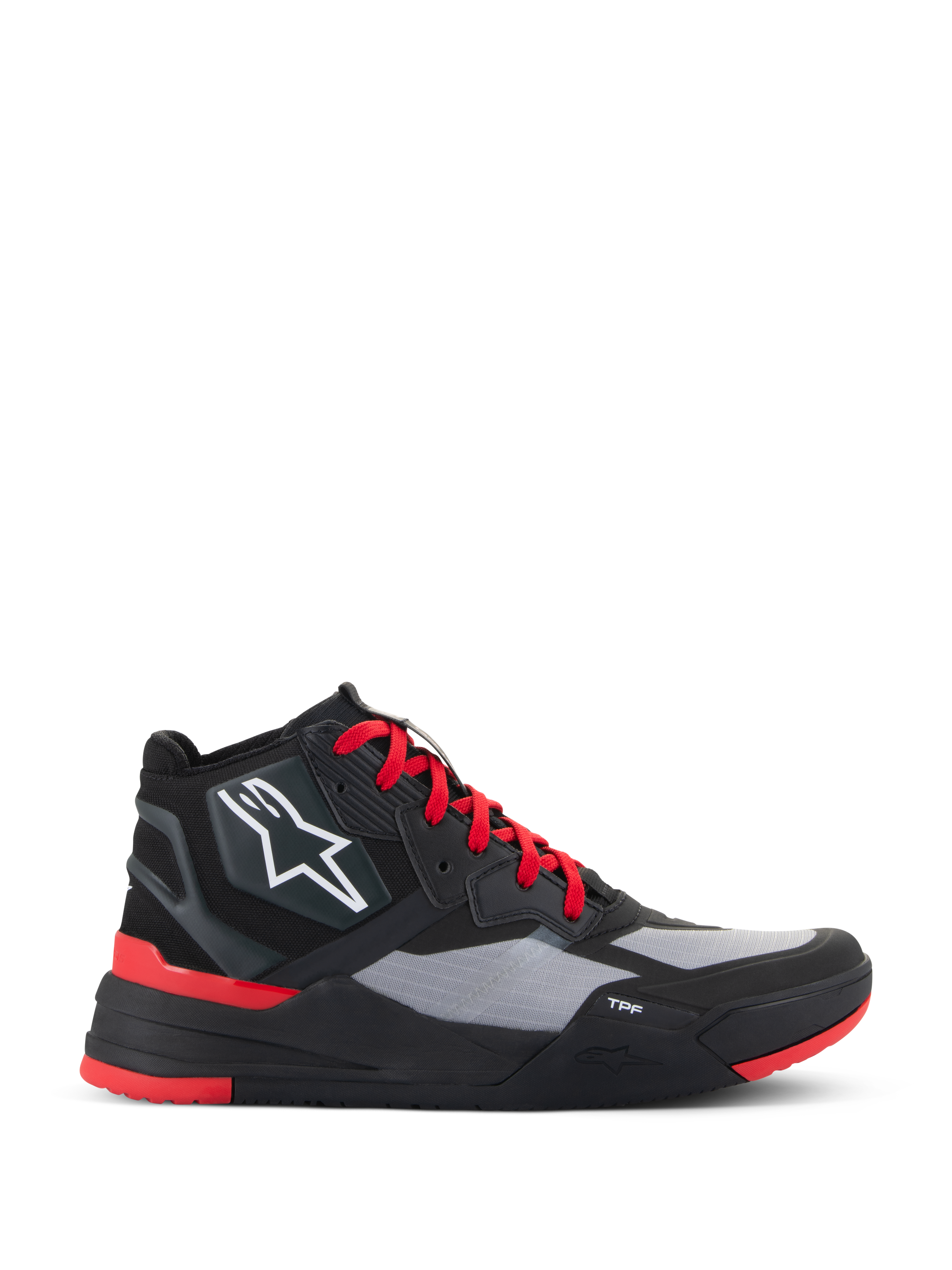 Chaussures Speedflight Alpinestars, baskets de moto montantes, noir et rouge vif avec empiècements gris, logo étoilé blanc, lacets rouges et design urbain sportif avec semelle intermédiaire TPF