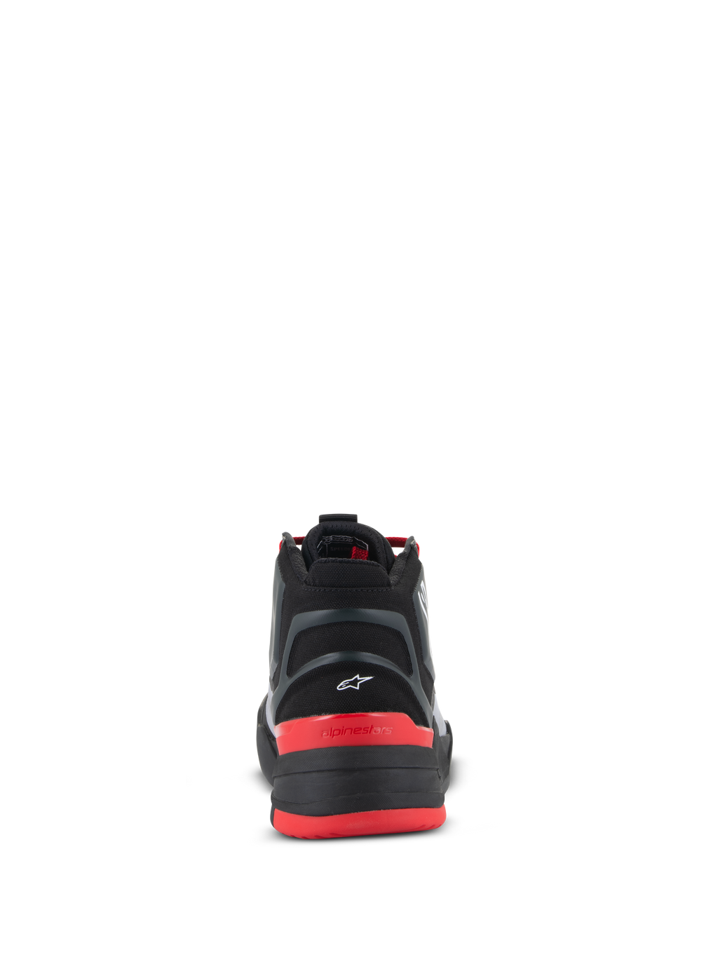 Chaussures Alpinestars Speedflight, chaussures de moto performance, noir, rouge vif et blanc, vue arrière montrant le talon moulé avec un petit logo Astar blanc, le contrefort de talon rouge avec le texte alpinestars et l'empeigne ripstop performance.