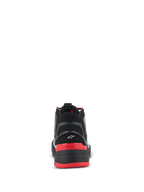 Chaussures Alpinestars Speedflight, chaussures de moto performance, noir, rouge vif et blanc, vue arrière montrant le talon moulé avec un petit logo Astar blanc, le contrefort de talon rouge avec le texte alpinestars et l'empeigne ripstop performance.