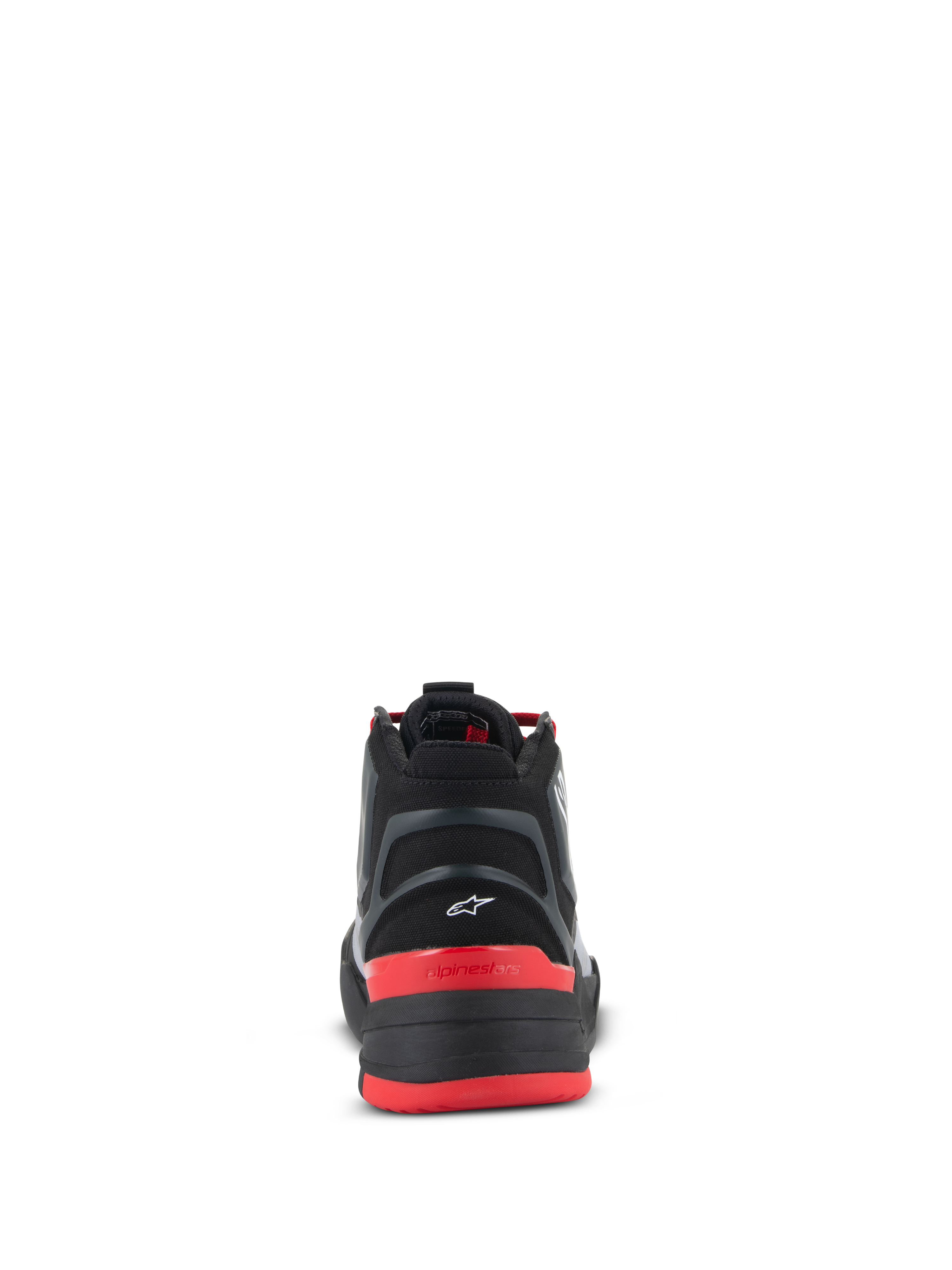 Chaussures Alpinestars Speedflight, chaussures de moto performance, noir, rouge vif et blanc, vue arrière montrant le talon moulé avec un petit logo Astar blanc, le contrefort de talon rouge avec le texte alpinestars et l'empeigne ripstop performance.