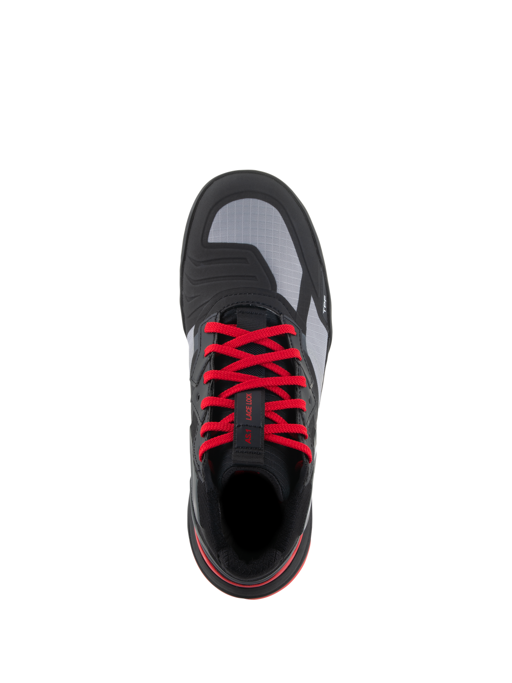 Chaussures Alpinestars Speedflight, chaussures de moto de performance, Noir Rouge Vif Blanc, vue de dessus avec des lacets rouge éclatant, des empiècements supérieurs en ripstop gris et un patin de changement de vitesse intégré, chaussures de moto urbaines.