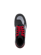 Chaussures Alpinestars Speedflight, chaussures de moto de performance, Noir Rouge Vif Blanc, vue de dessus avec des lacets rouge éclatant, des empiècements supérieurs en ripstop gris et un patin de changement de vitesse intégré, chaussures de moto urbaines.
