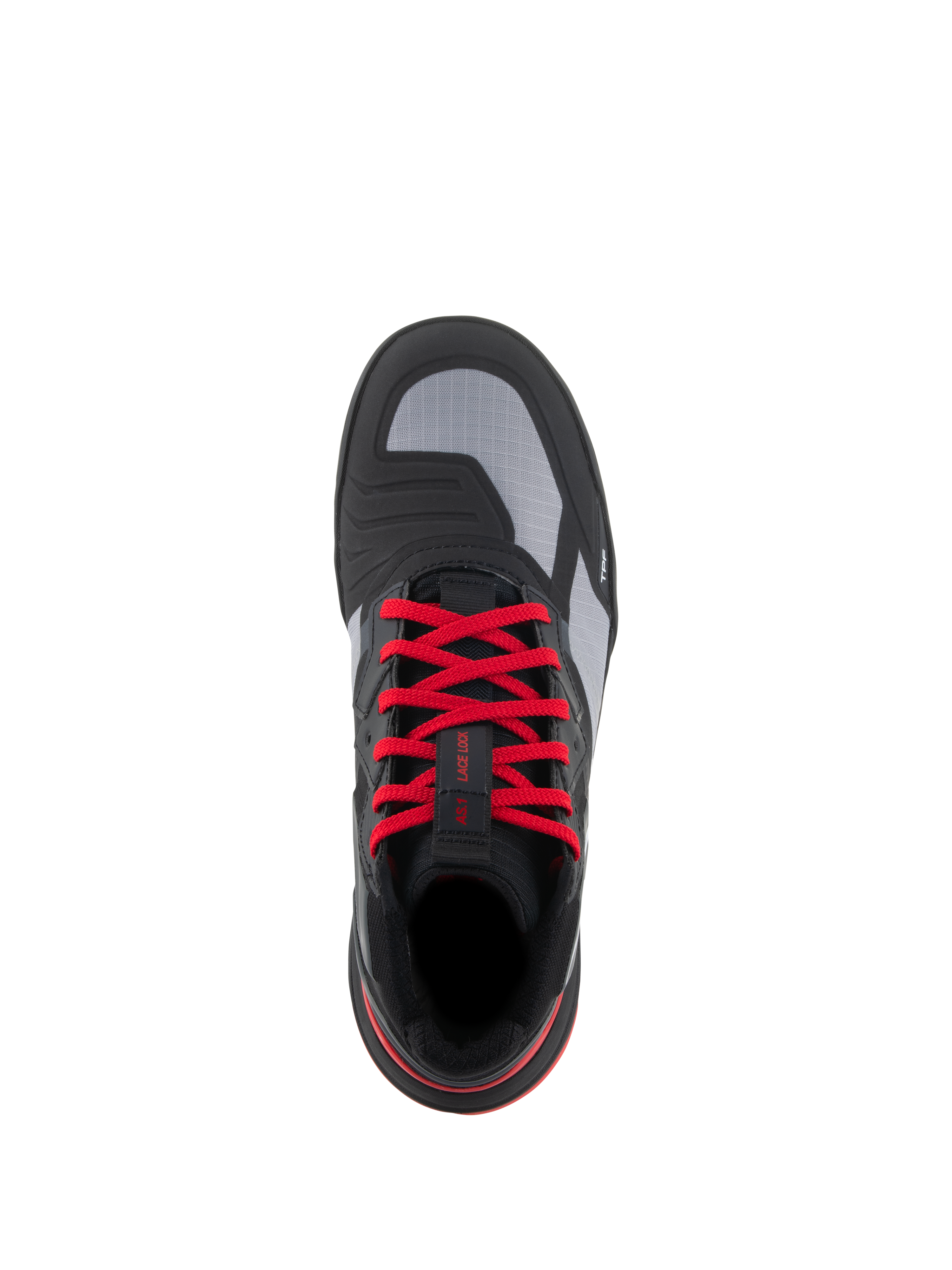 Chaussures Alpinestars Speedflight, chaussures de moto de performance, Noir Rouge Vif Blanc, vue de dessus avec des lacets rouge éclatant, des empiècements supérieurs en ripstop gris et un patin de changement de vitesse intégré, chaussures de moto urbaines.