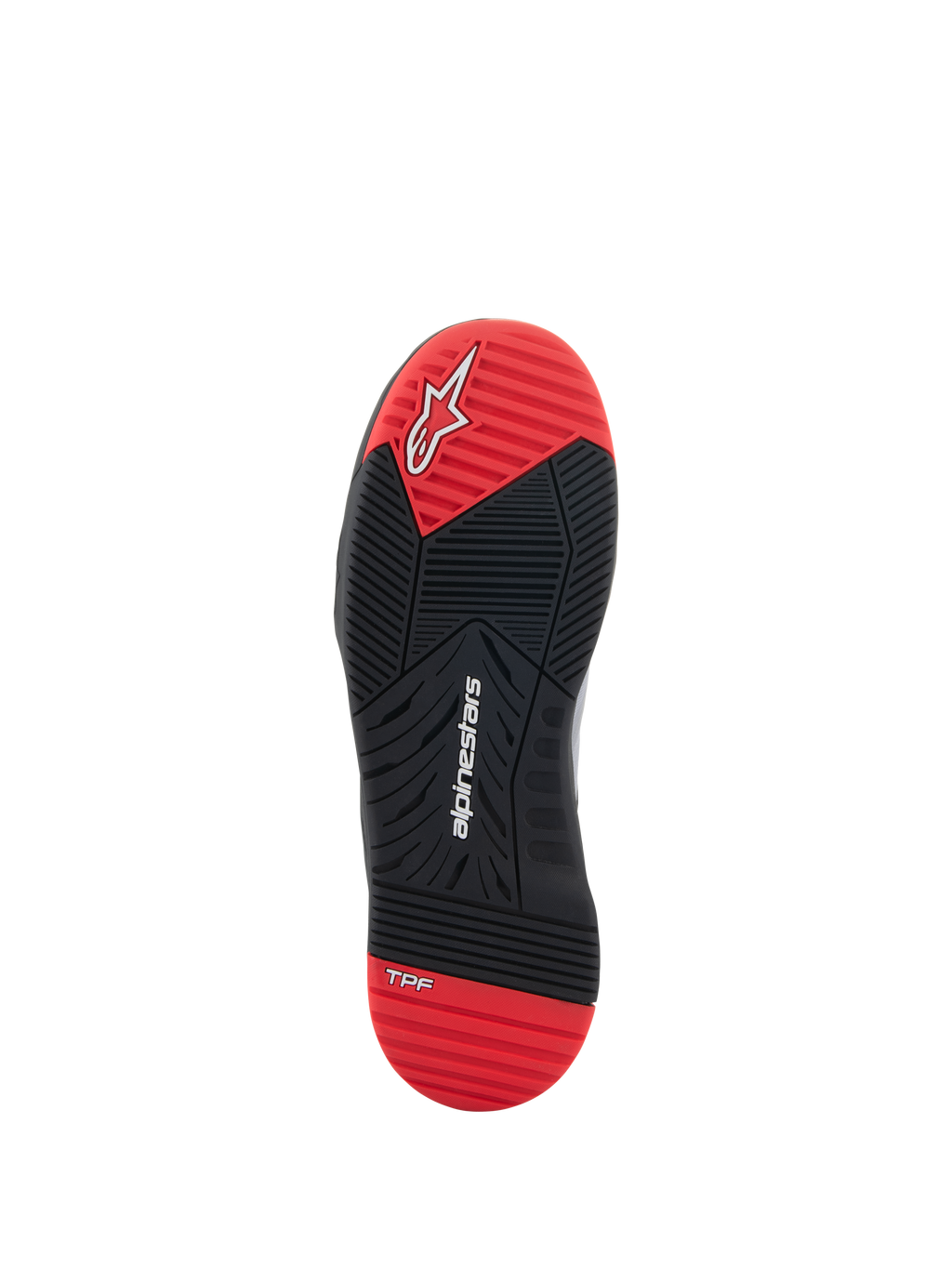 Chaussures Speedflight Alpinestars, chaussures de moto, vue de la semelle, noir et rouge vif, avec logo Alpinestars blanc et marquage TPF, semelle extérieure en caoutchouc à double densité avec motif d'adhérence multidirectionnel.