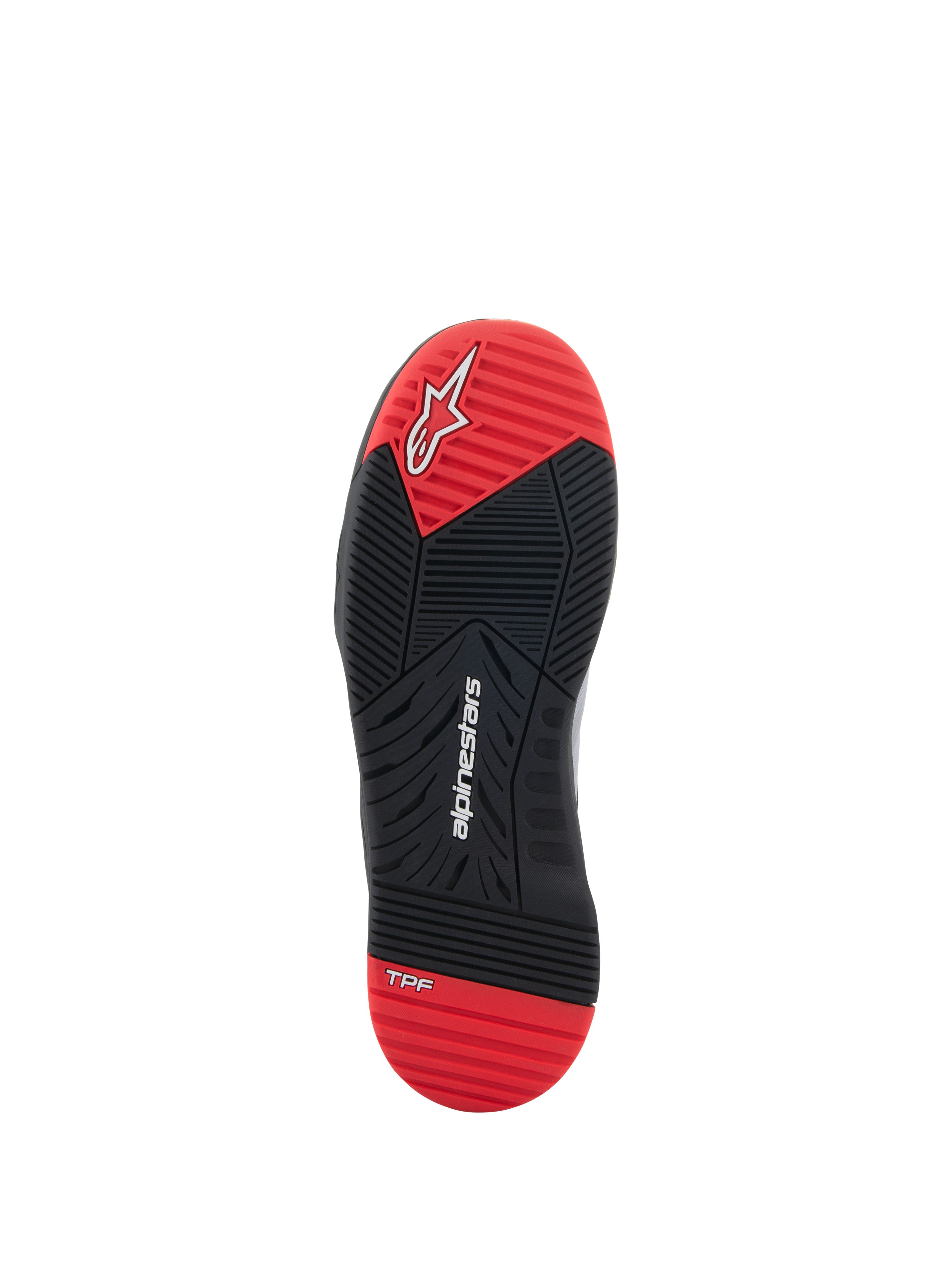 Chaussures Speedflight Alpinestars, chaussures de moto, vue de la semelle, noir et rouge vif, avec logo Alpinestars blanc et marquage TPF, semelle extérieure en caoutchouc à double densité avec motif d'adhérence multidirectionnel.