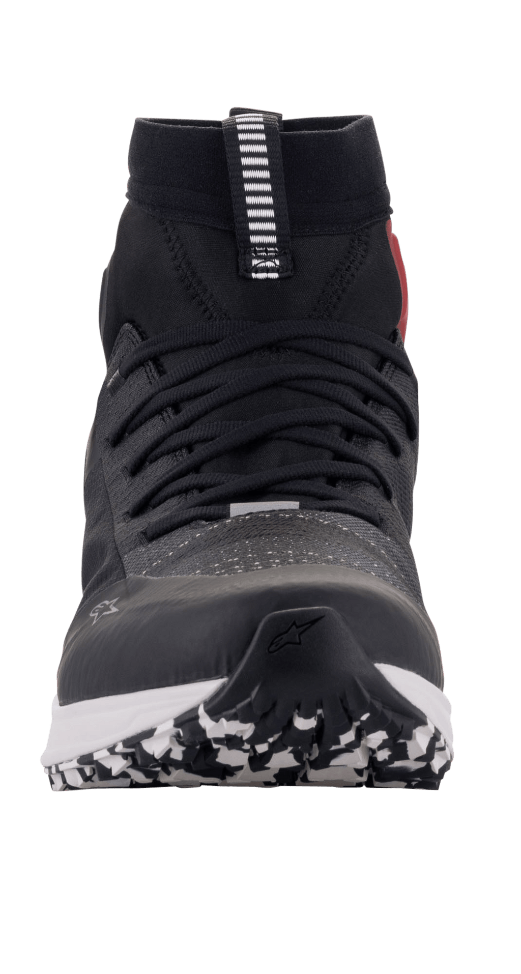 Chaussures Alpinestars Speedforce, chaussures de moto, noir, blanc et rouge, vue de face montrant une silhouette de chaussure de running, tige MATRYX, conception montante et semelle extérieure à motifs