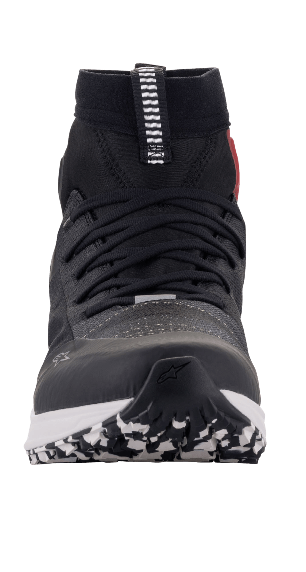 Chaussures Alpinestars Speedforce, chaussures de moto, noir, blanc et rouge, vue de face montrant une silhouette de chaussure de running, tige MATRYX, conception montante et semelle extérieure à motifs