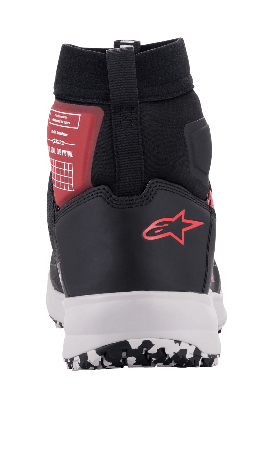 Chaussures Alpinestars Speedforce, chaussures de moto urbaine en noir, blanc et rouge, vue arrière présentant le logo Alpinestars rouge sur le talon, semelle intermédiaire blanche et support de cheville montant.