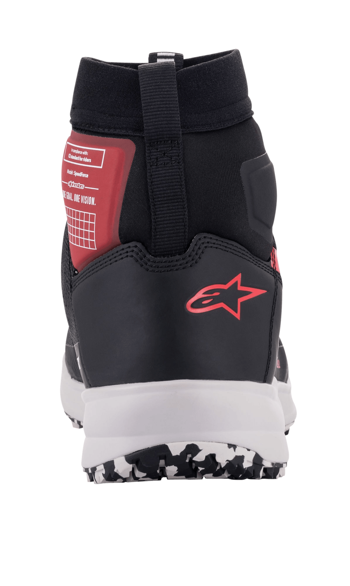 Chaussures Alpinestars Speedforce, chaussures de moto urbaine en noir, blanc et rouge, vue arrière présentant le logo Alpinestars rouge sur le talon, semelle intermédiaire blanche et support de cheville montant.