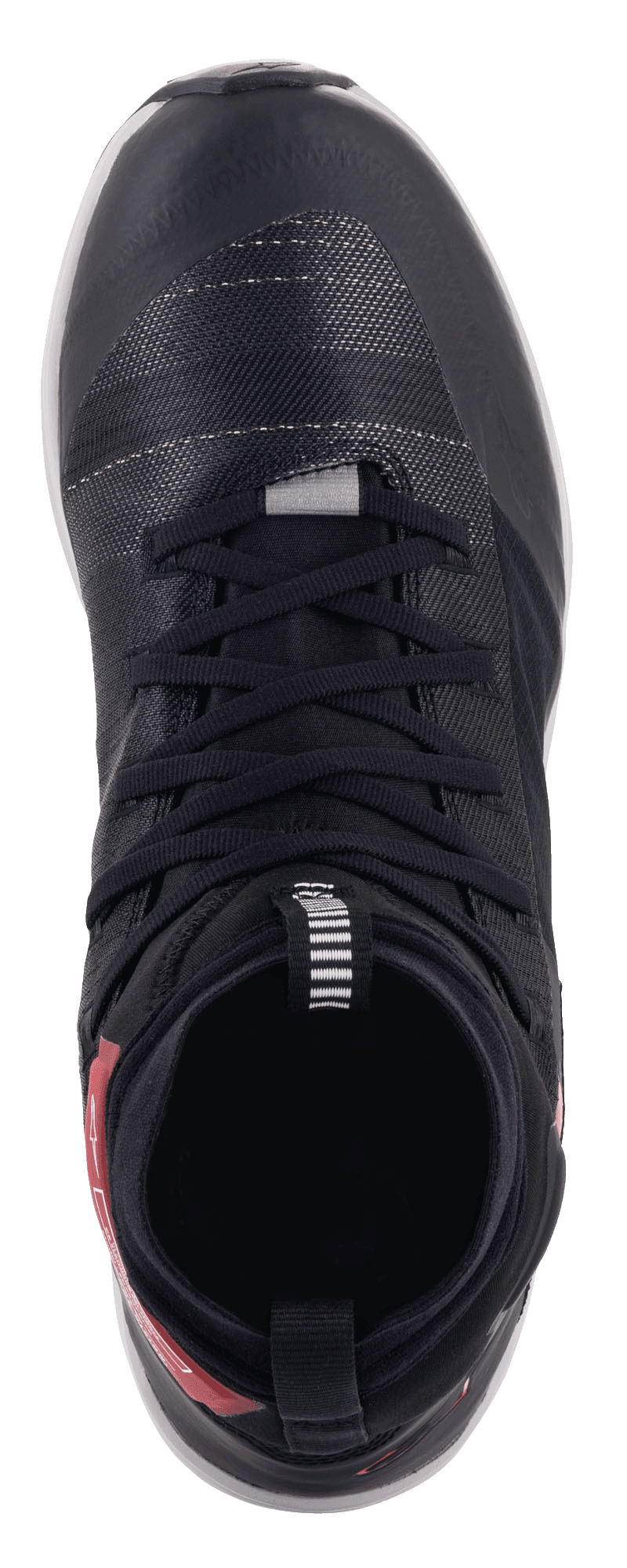 Chaussures Alpinestars Speedforce, vue de dessus, noir avec accents rouges sur le talon, chaussures de moto montantes avec tige en textile MATRYX, lacets noirs et silhouette de chaussure de running