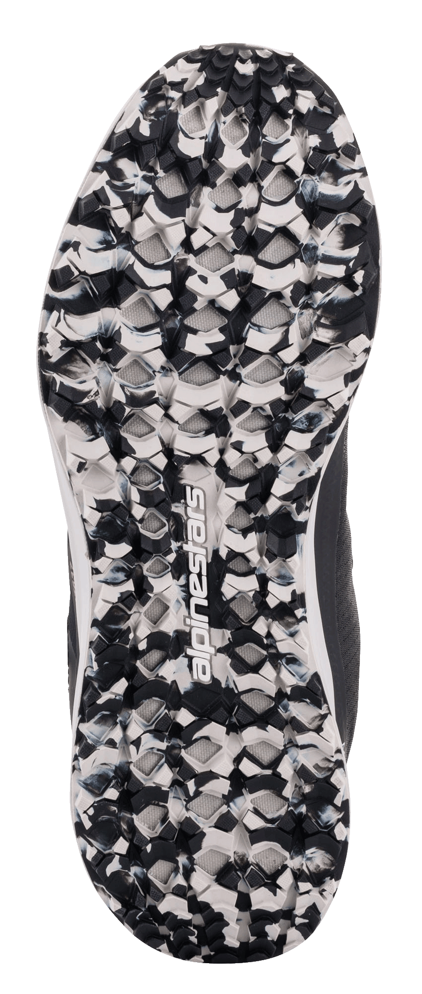 Chaussures Alpinestars Speedforce, détail de la semelle extérieure, noir et blanc marbré, motif de crampons texturé avec logo Alpinestars central, chaussure de moto décontractée conçue pour l'adhérence et le confort