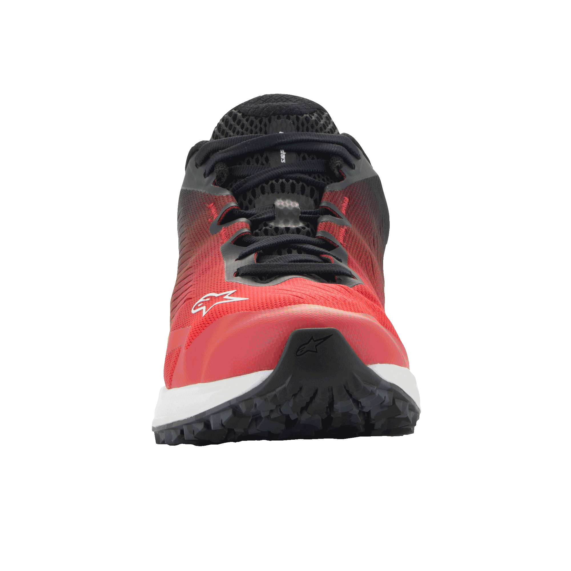 Chaussures Alpinestars Meta Road V2, chaussures de sportswear, rouge, noir et blanc, vue de face avec tige en maille respirante et logo Alpinestars blanc, design léger pour tenues de travail d'équipe de course
