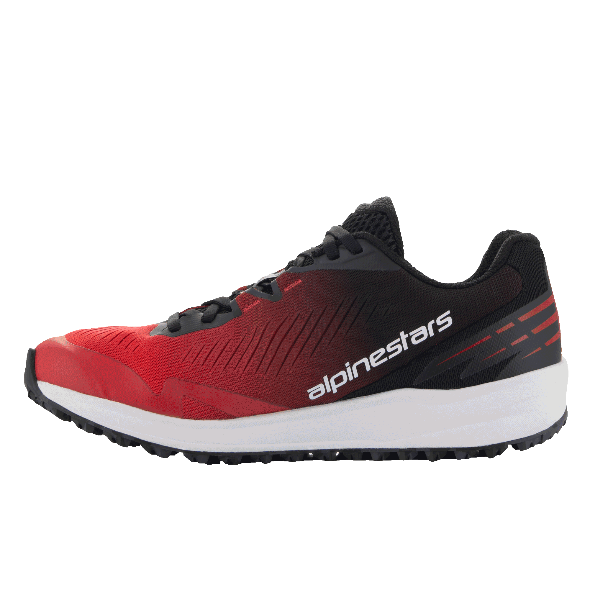 Chaussures Alpinestars Meta Road V2, chaussures sportswear, dégradé rouge et noir avec semelle intermédiaire blanche, profil latéral avec marquage Alpinestars blanc, design athlétique léger pour un confort tout au long de la journée