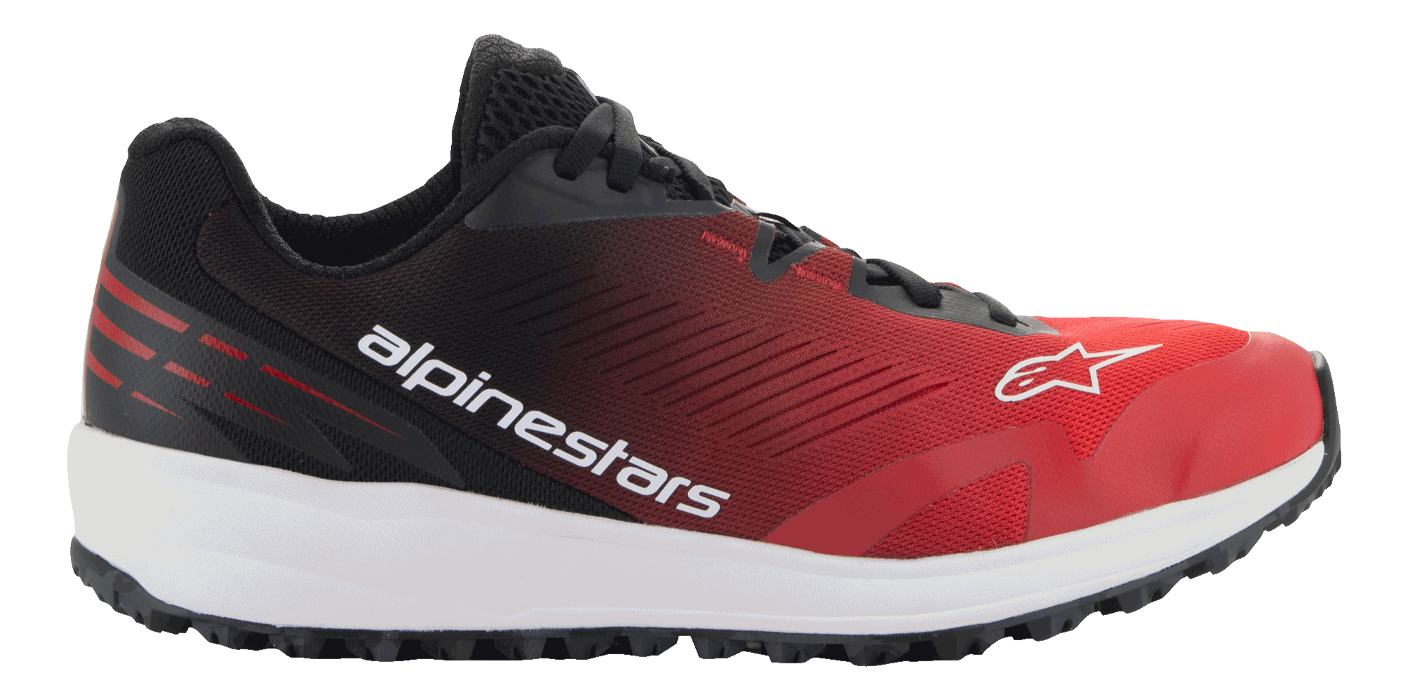 Chaussures Alpinestars Meta Road V2, chaussures sportswear, rouge, noir et blanc, vue de profil avec tige en mesh respirant, semelle intermédiaire blanche, semelle extérieure noire et logo Alpinestars sur le côté