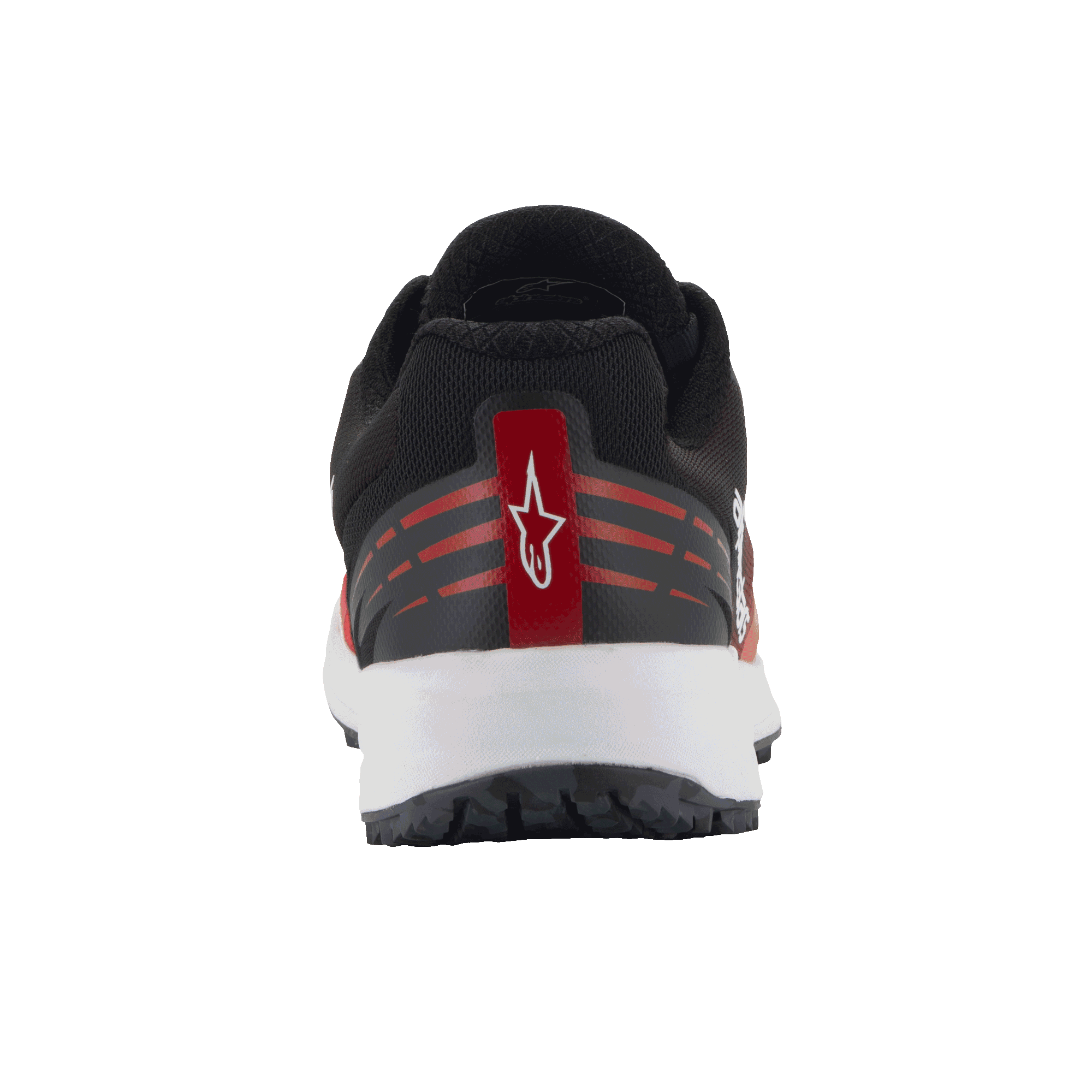 Chaussures Alpinestars Meta Road V2, chaussures sportswear, rouge, noir et blanc, vue arrière montrant les détails du talon avec logo Astars blanc sur une bande rouge, accents rouges horizontaux, tige en mesh noir et semelle intermédiaire blanche