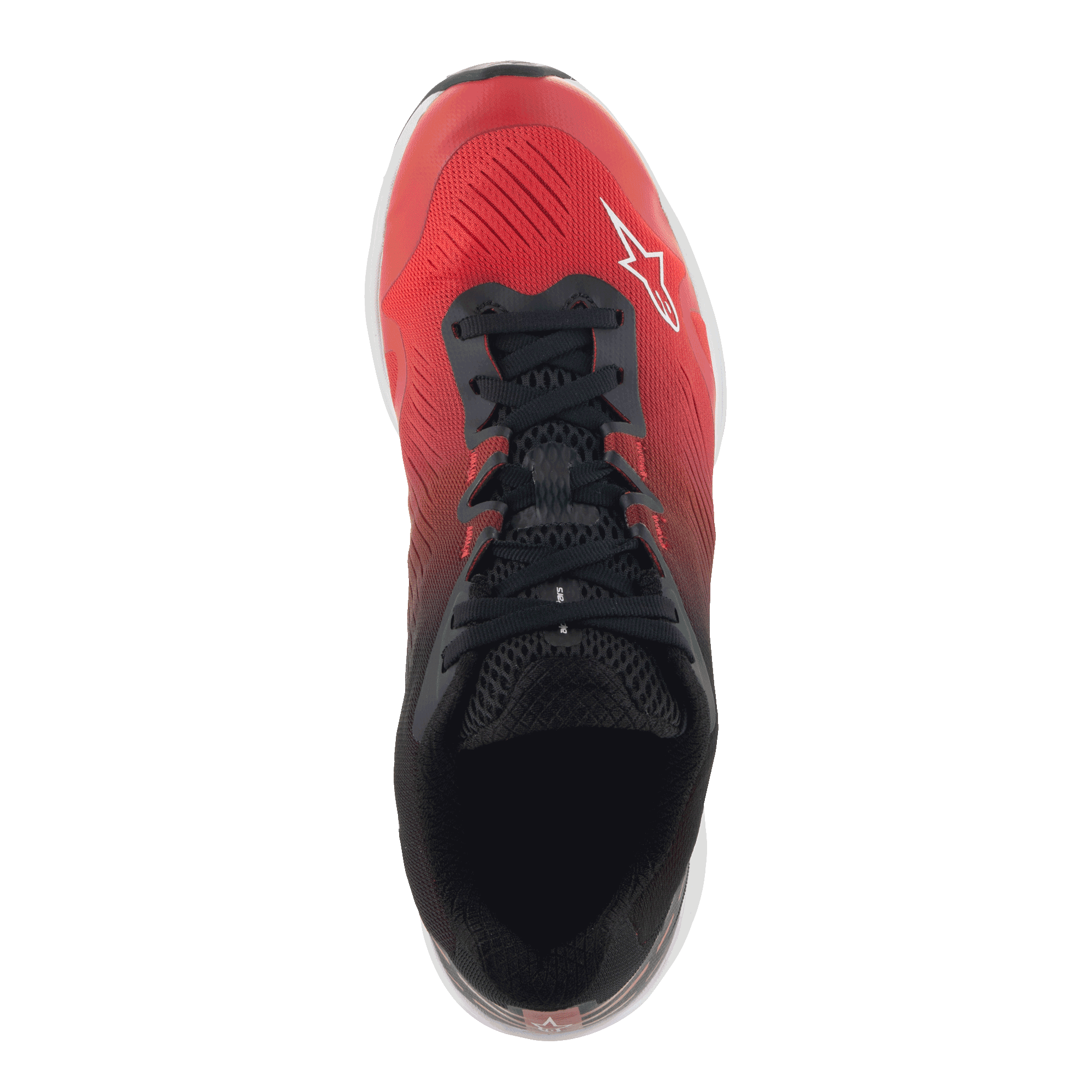 Chaussures Alpinestars Meta Road V2, chaussures sportswear, rouge, noir et blanc, vue de dessus présentant un dégradé du rouge au noir, lacets noirs et logo Alpinestars blanc, conçues pour un confort tout au long de la journée et comme tenue de travail des équipes de course
