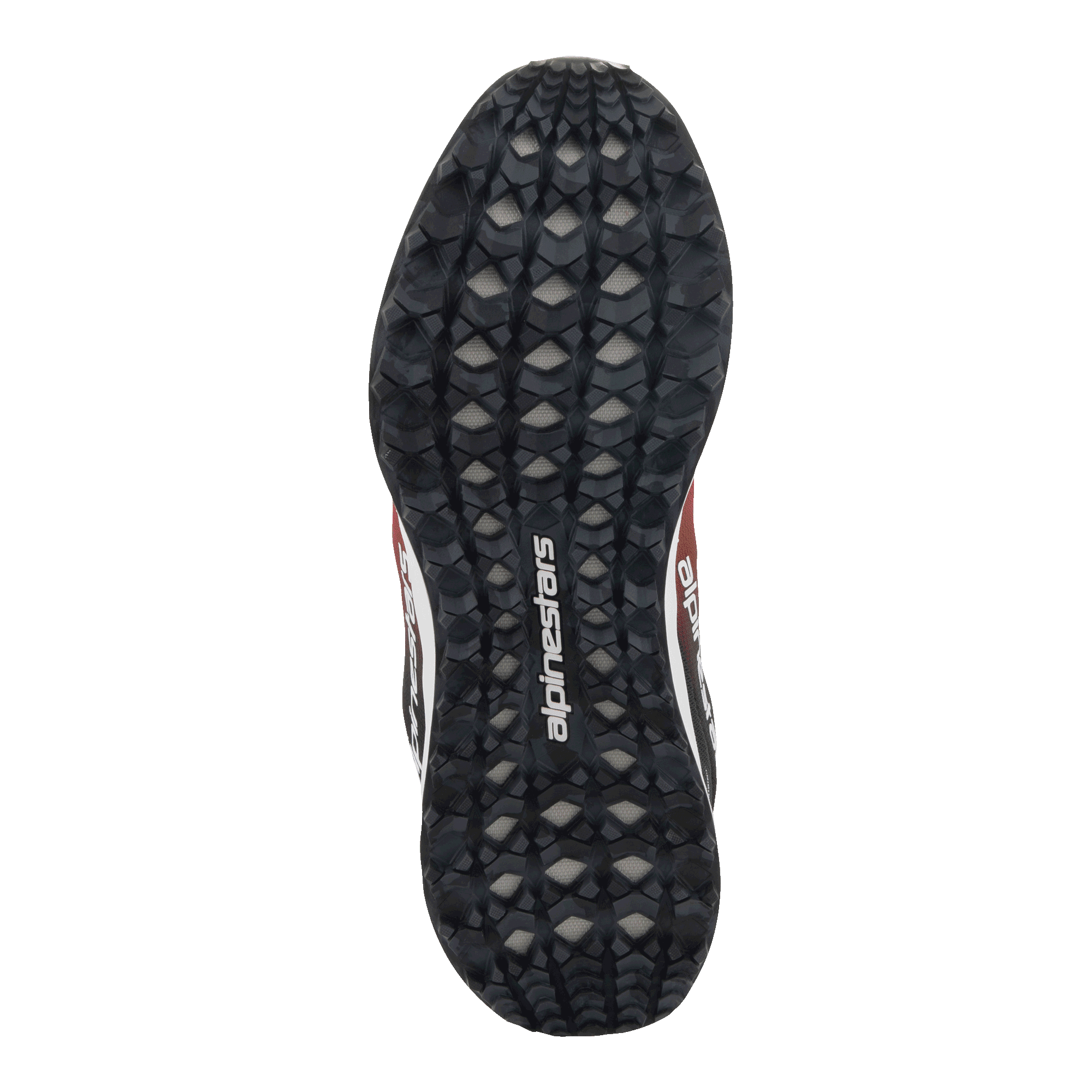 Chaussures Alpinestars Meta Road V2, vue de dessous de la semelle extérieure, caoutchouc noir avec motif hexagonal texturé pour l'adhérence, logo Alpinestars blanc au centre, accents rouges, noirs et blancs visibles sur les côtés