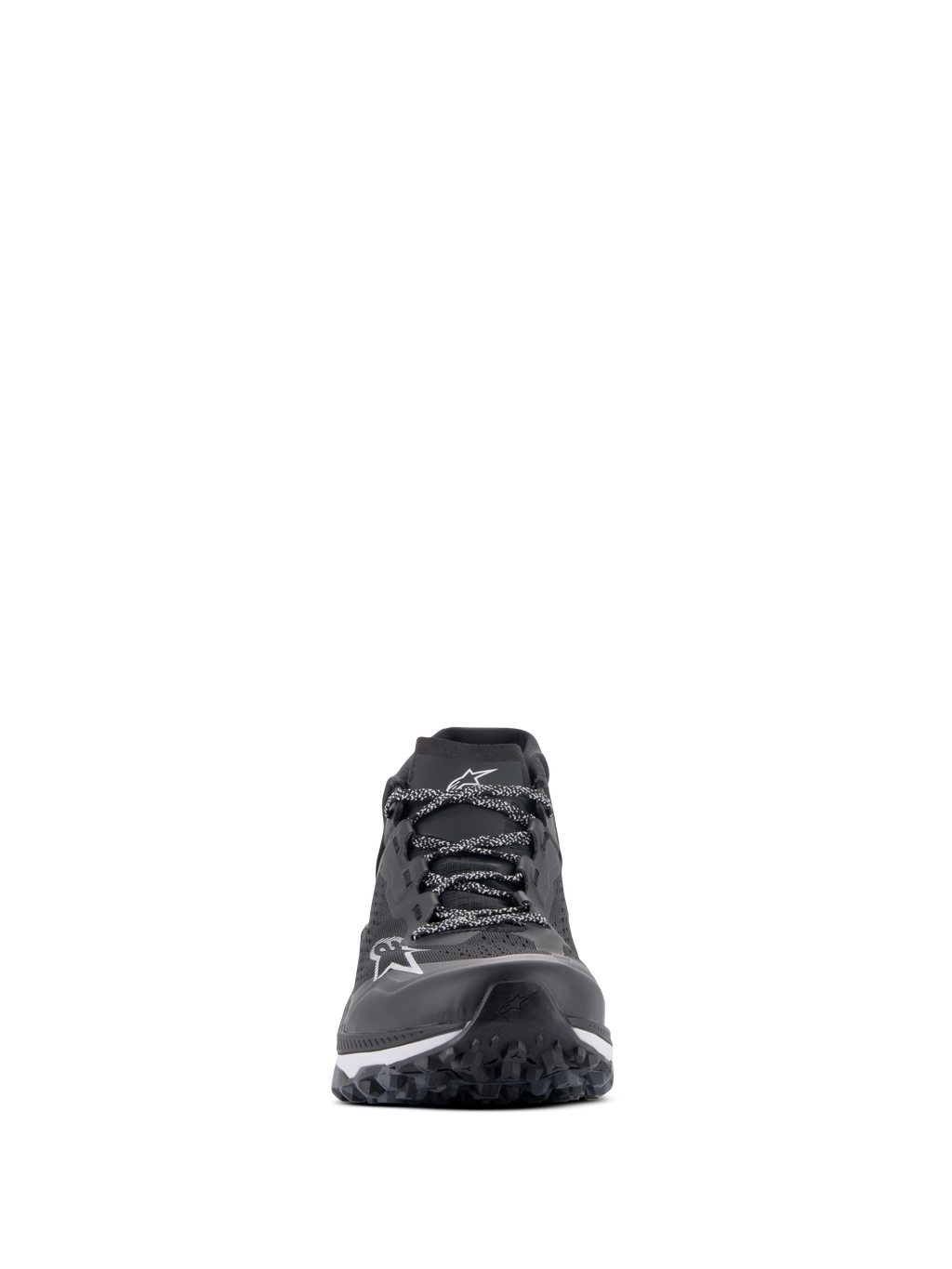 Chaussures Alpinestars Meta XR V2, chaussures de sport décontractées, noir, blanc et gris foncé, vue de face montrant la tige en maille technique, lacets à motifs, logo Alpinestars blanc sur le bout et semelle extérieure robuste conçue pour la traction et le confort