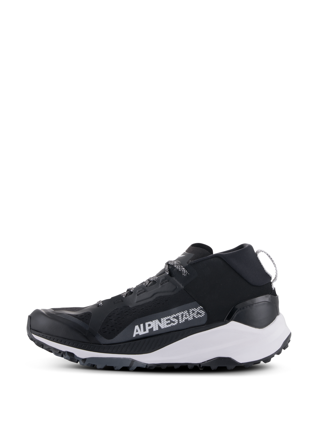 Chaussures Alpinestars Meta XR V2, chaussures de sport, noir, blanc et gris foncé, vue de profil avec tige en maille, semelle intermédiaire blanche et semelle extérieure robuste, logo Alpinestars blanc sur le panneau latéral.