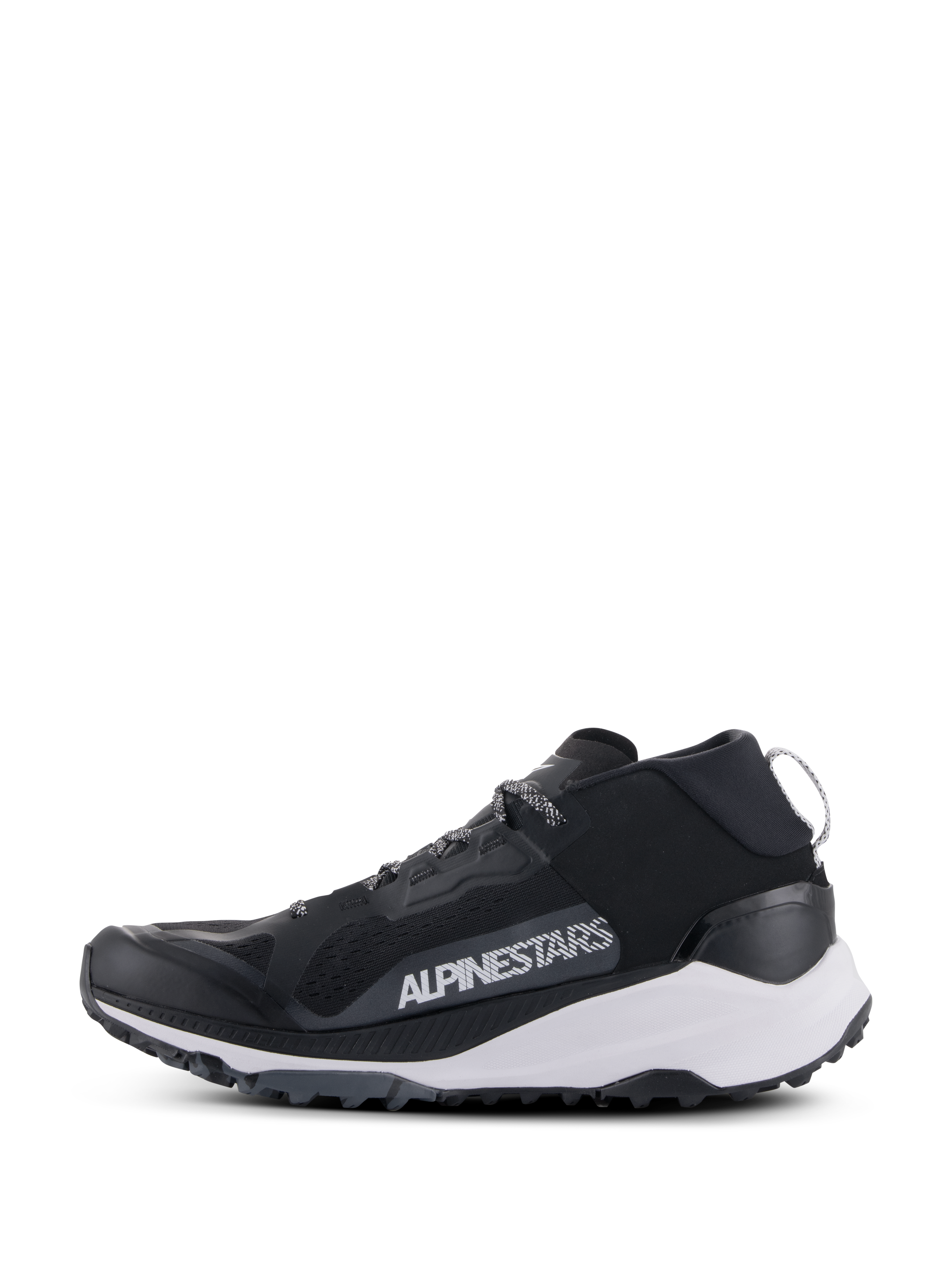 Chaussures Alpinestars Meta XR V2, chaussures de sport, noir, blanc et gris foncé, vue de profil avec tige en maille, semelle intermédiaire blanche et semelle extérieure robuste, logo Alpinestars blanc sur le panneau latéral.