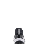 Chaussures Alpinestars Meta XR V2, chaussures de sport décontractées, noir, blanc et gris foncé, vue arrière montrant l'insert de talon en TPR et la semelle en caoutchouc robuste, semelle intermédiaire blanche avec contrefort de talon noir et logo Alpinestars