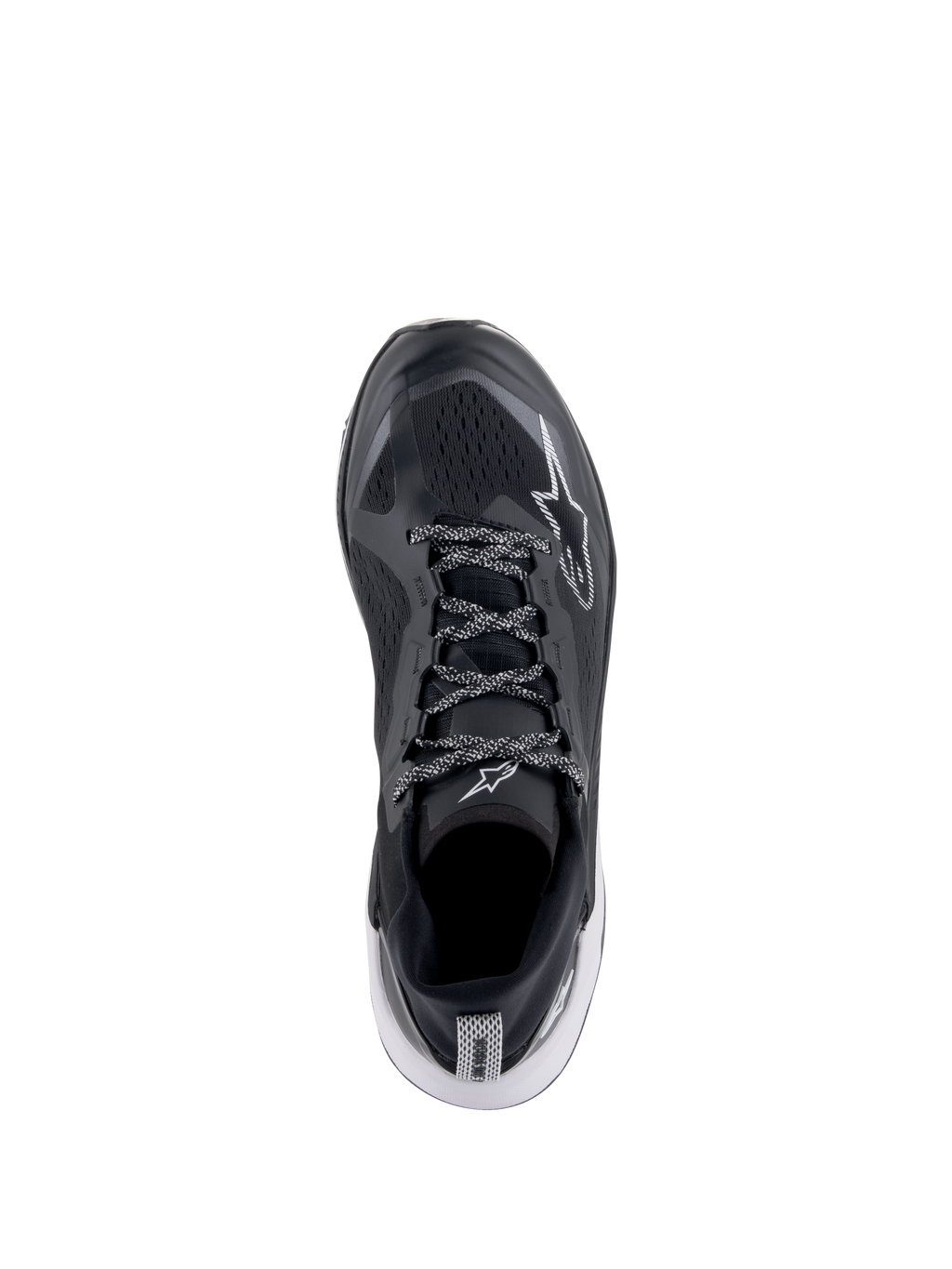 Chaussures Alpinestars Meta XR V2, chaussures de sport, noir, blanc et gris foncé, vue de dessus avec tige en maille respirante et lacets à motifs, logo étoile blanc, chaussures de sport décontractées