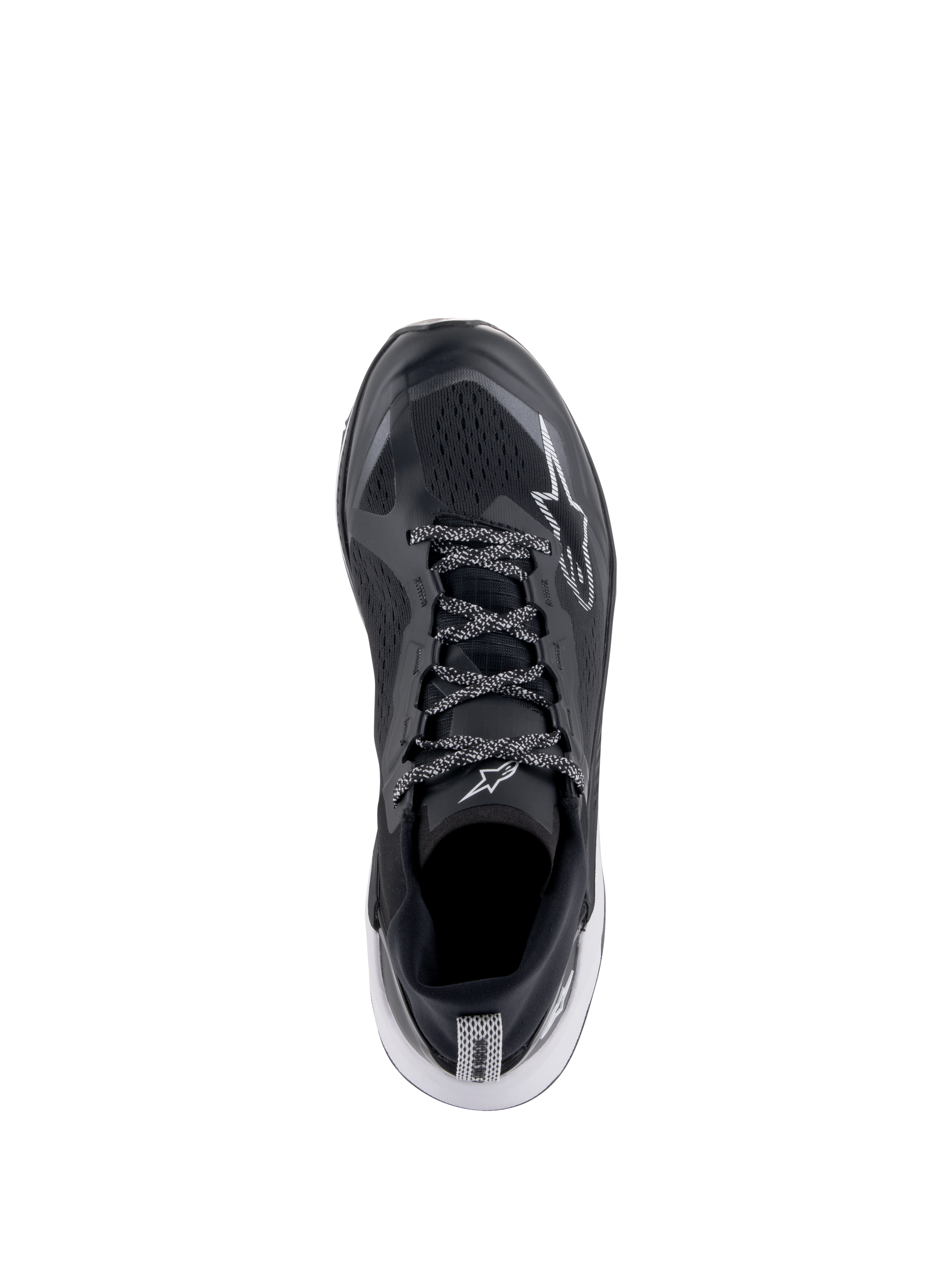 Chaussures Alpinestars Meta XR V2, chaussures de sport, noir, blanc et gris foncé, vue de dessus avec tige en maille respirante et lacets à motifs, logo étoile blanc, chaussures de sport décontractées