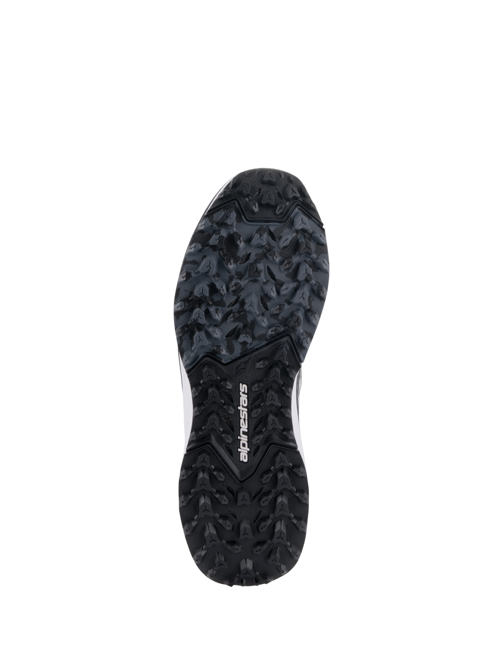 Chaussures Alpinestars Meta XR V2, vue de la semelle en caoutchouc robuste, semelle extérieure noire et gris foncé avec motif de traction à crampons, logo Alpinestars blanc au centre, conçue pour une adhérence supérieure sur les surfaces tout-terrain et sales.