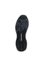 Chaussures Alpinestars Meta XR V2, vue de la semelle en caoutchouc robuste, semelle extérieure noire et gris foncé avec motif de traction à crampons, logo Alpinestars blanc au centre, conçue pour une adhérence supérieure sur les surfaces tout-terrain et sales.