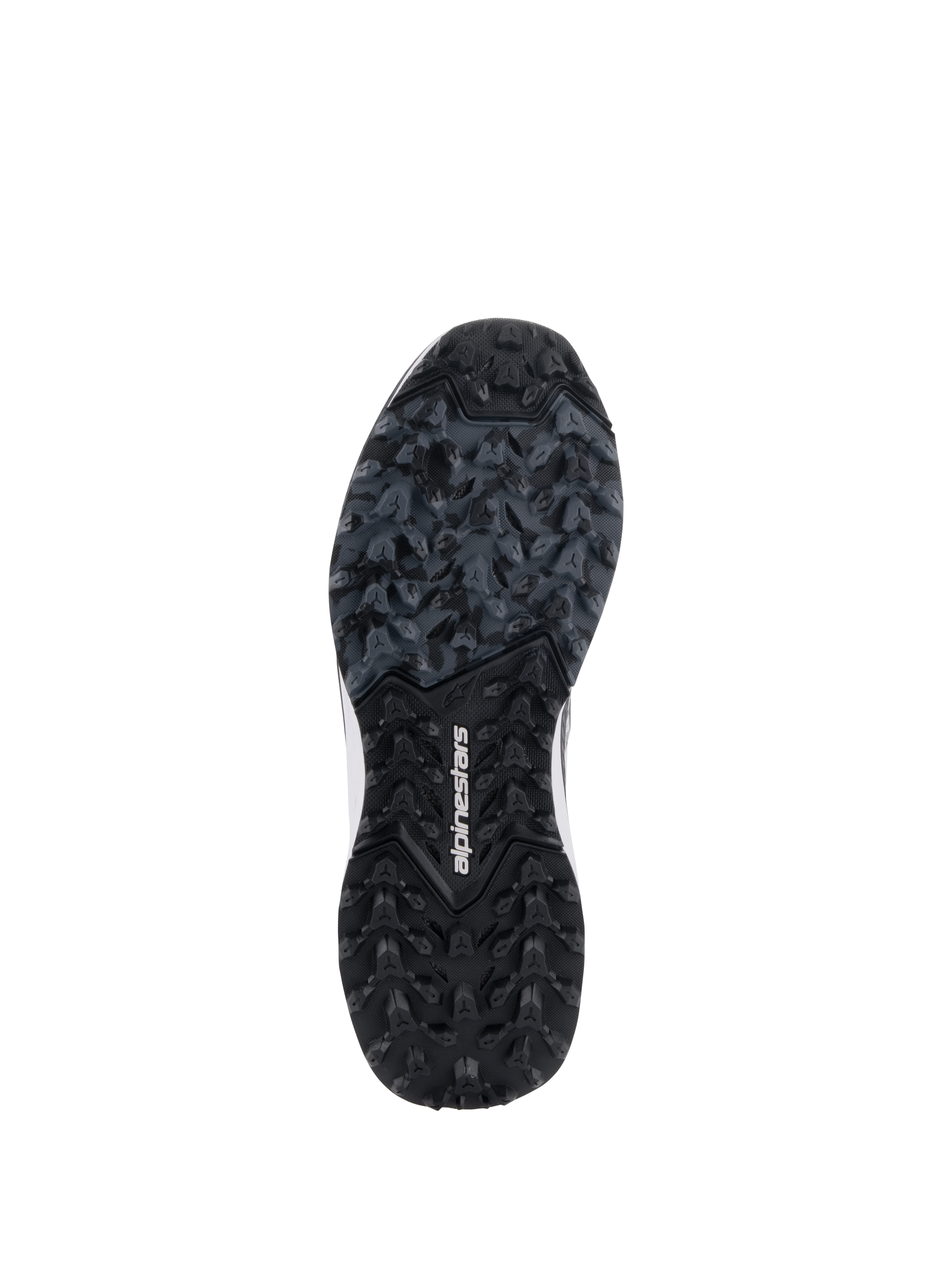 Chaussures Alpinestars Meta XR V2, vue de la semelle en caoutchouc robuste, semelle extérieure noire et gris foncé avec motif de traction à crampons, logo Alpinestars blanc au centre, conçue pour une adhérence supérieure sur les surfaces tout-terrain et sales.