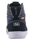 Chaussures de moto Alpinestars Ageless, chaussures de conduite, noir et gris, vue arrière présentant une toile gris foncé avec surpiqûres blanches, talon en daim noir avec logo blanc, accents bleus et orange, design urbain décontracté avec semelle blanche