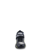 Alpinestars Tech-1 T V3 Shoes FIA, Auto Racing Shoes, Black with Yellow Fluo accents, front-facing view, full leather construction with hook-and-loop ankle strap, white Alpinestars logo, technical design for high-performance driving