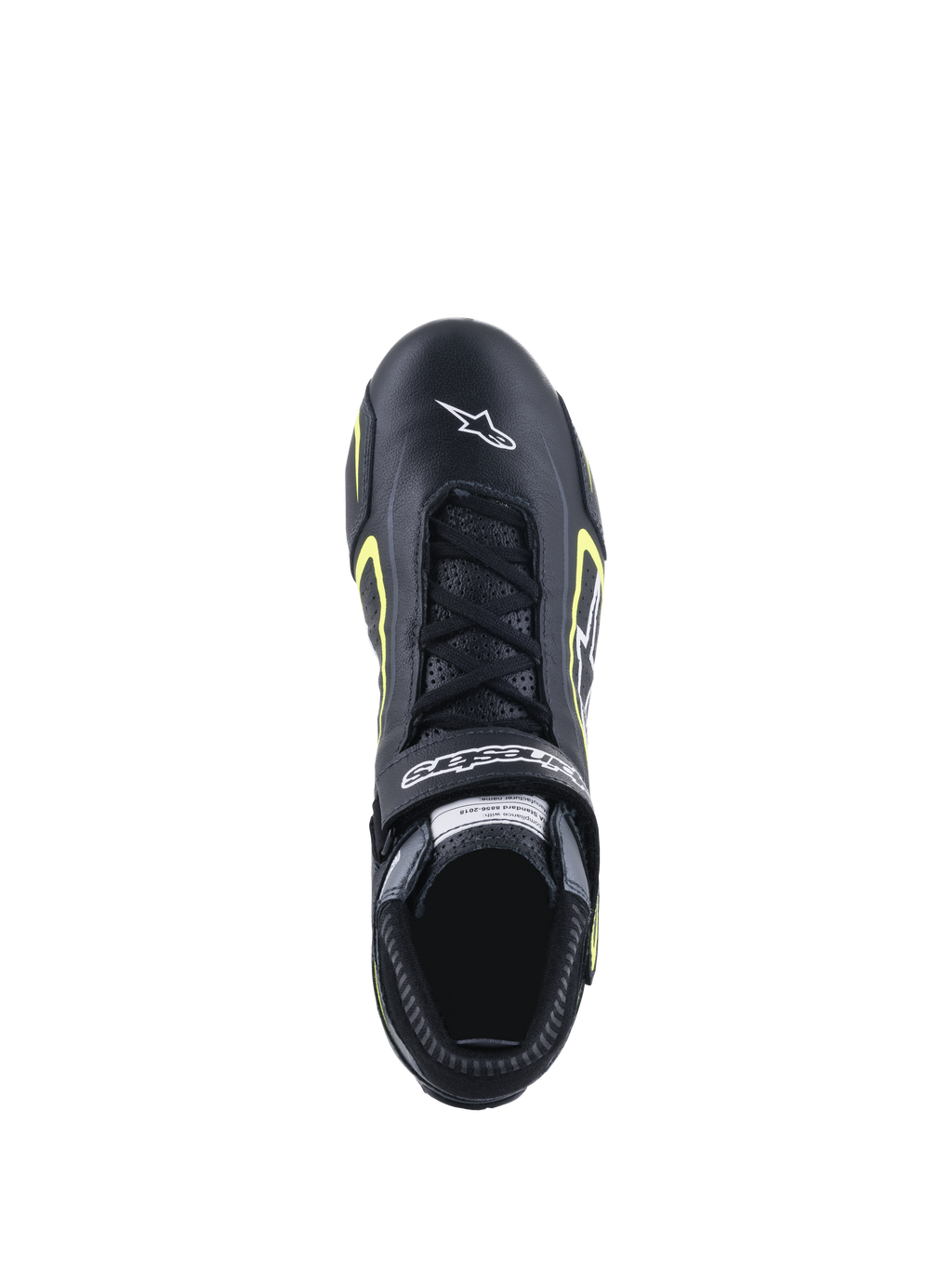 Alpinestars Tech-1 T V3 Shoes FIA, Auto Racing Shoes, Black and Yellow Fluo, top-down view showing leather construction, lace closure, and white Alpinestars branding on the toe.
