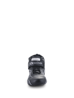 Alpinestars Tech-1 T V3 Shoes FIA, Auto Racing Shoes, Black and Silver, front view featuring bovine leather construction, hook and loop strap with Alpinestars branding, and FIA certification label, high-performance driving footwear