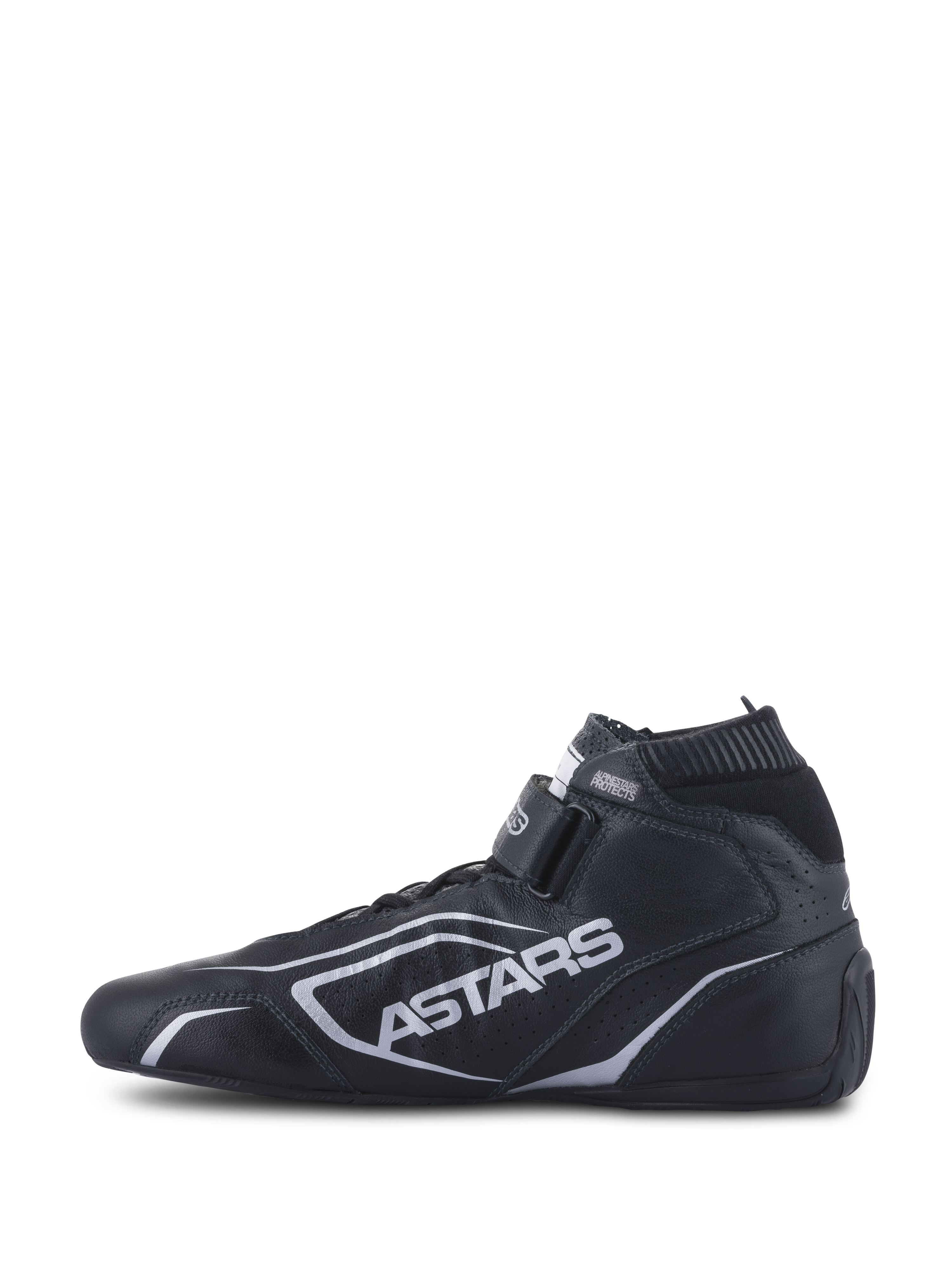 Alpinestars Tech-1 T V3 Shoes FIA, Auto Racing Shoes, Black and Silver, side profile view, full bovine leather construction with silver ASTARS branding, adjustable hook-and-loop strap, and elastic fireproof collar.