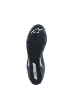 Alpinestars Tech-1 T V3 Shoes FIA, Bottom Sole View, Black and Silver, asymmetric rubber outsole with tire-tread pattern, white Alpinestars logo branding, thin compound for pedal sensitivity